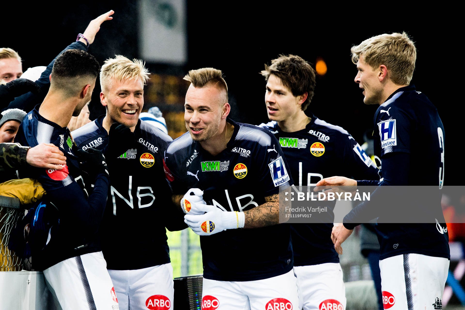 Eirik Ulland Andersen of Strømsgodset celebrates 2-0 with his teammates during the Eliteserien match between Strømsgodset and Brann on November 19, 2017 in Drammen.