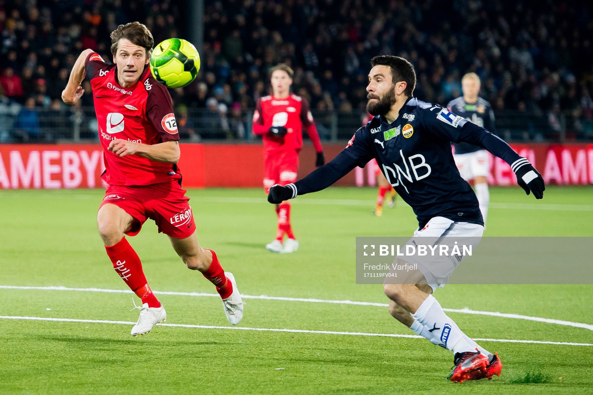 Jakob Orlov of Brann and Mounir Hamoud of Strømsgodset during the Eliteserien match between Strømsgodset and Brann on November 19, 2017 in Drammen.
