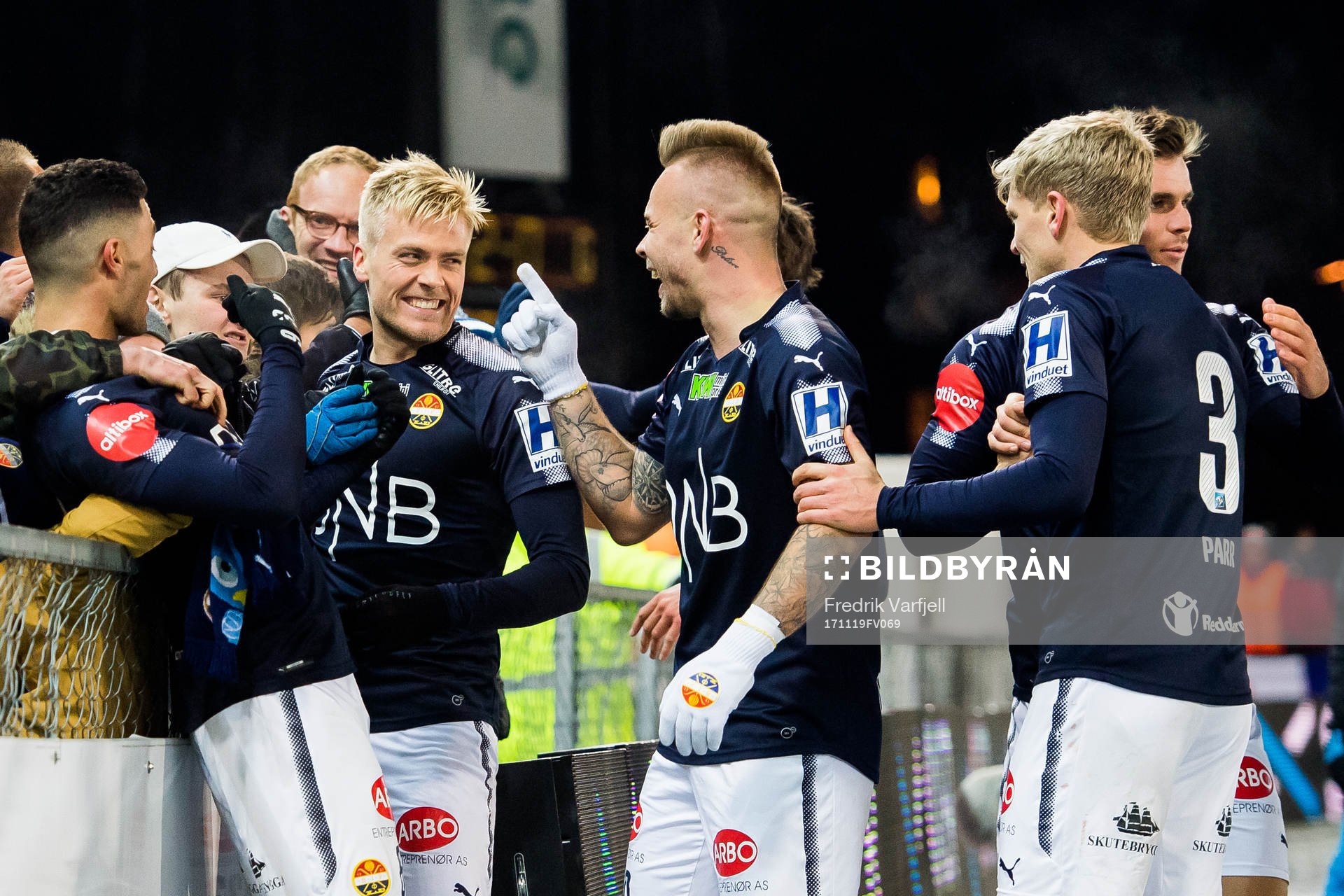 Eirik Ulland Andersen of Strømsgodset celebrates with his teammates after scoring 2-0 during the Eliteserien match between Strømsgodset and Brann on November 19, 2017 in Drammen.