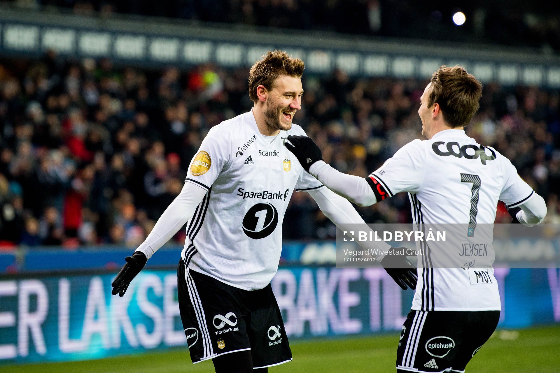 Nicklas Bendtner of Rosenborg celebrates scoring 1-0 with