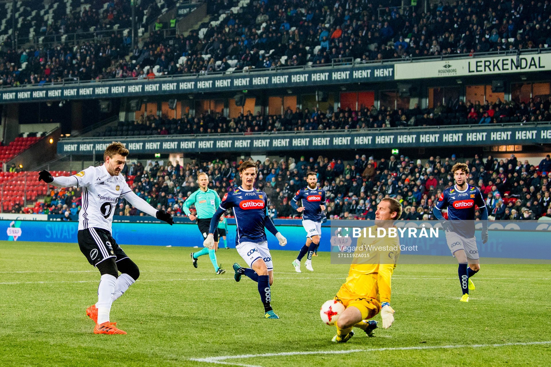 Nicklas Bendtner of Rosenborg sees his shot saved by