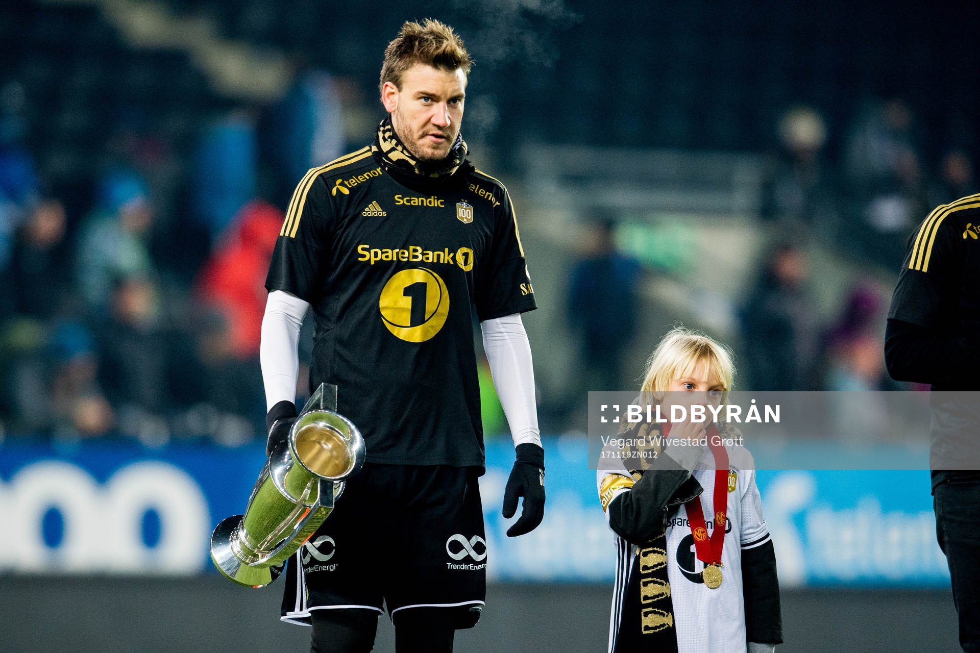 Nicklas Bendtner of Rosenborg celebrates winning the league