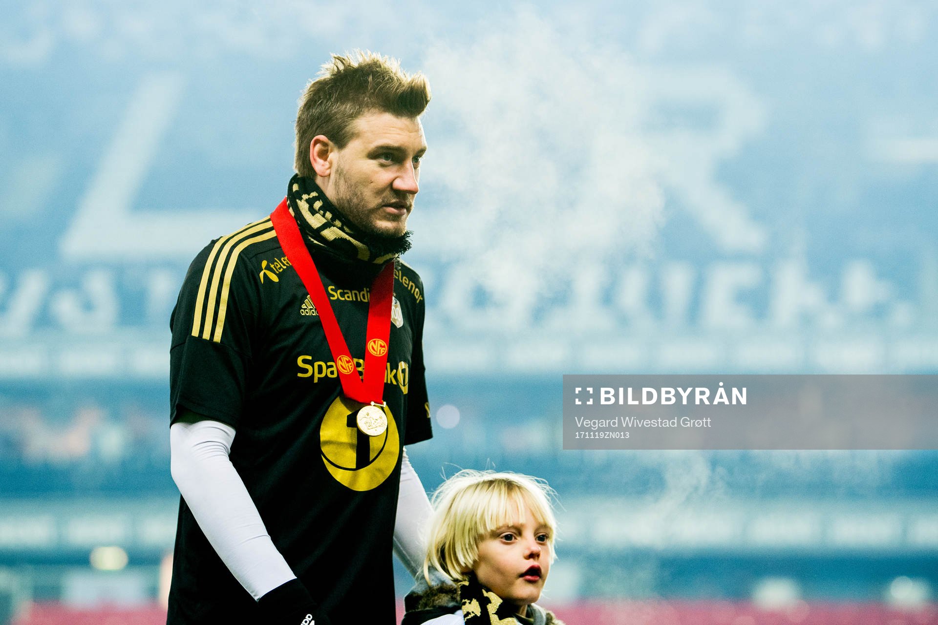 Nicklas Bendtner of Rosenborg celebrates winning the league