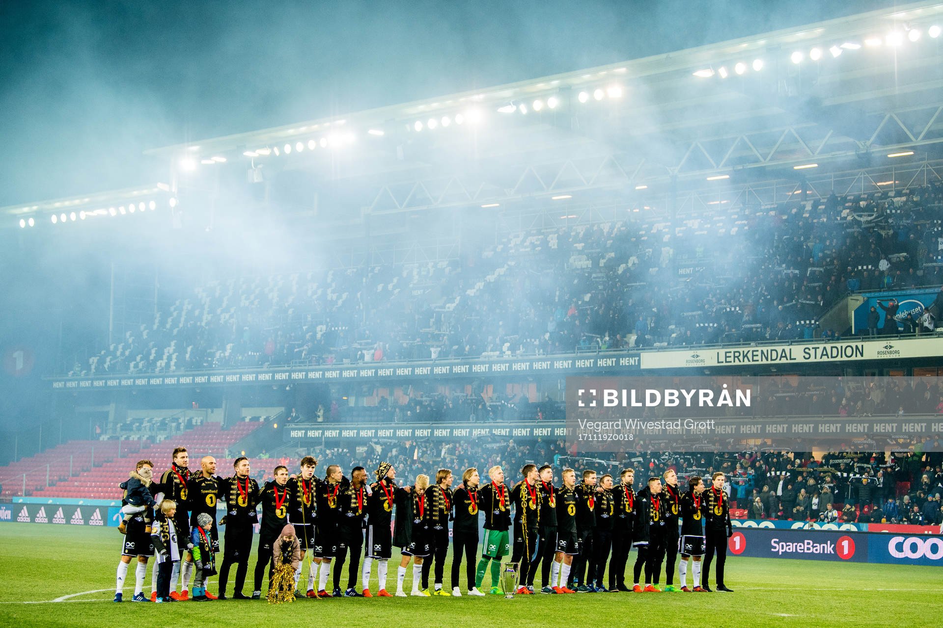Players of Rosenborg celebrate winning the league