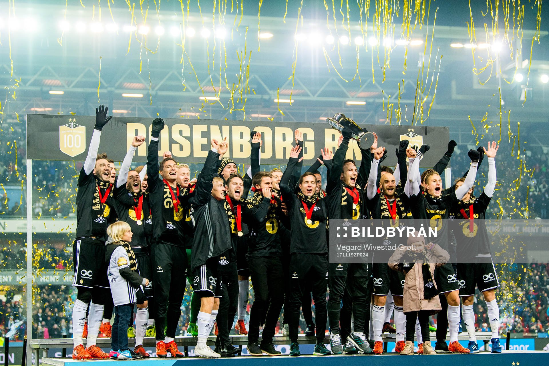 Players of Rosenborg celebrate winning the league