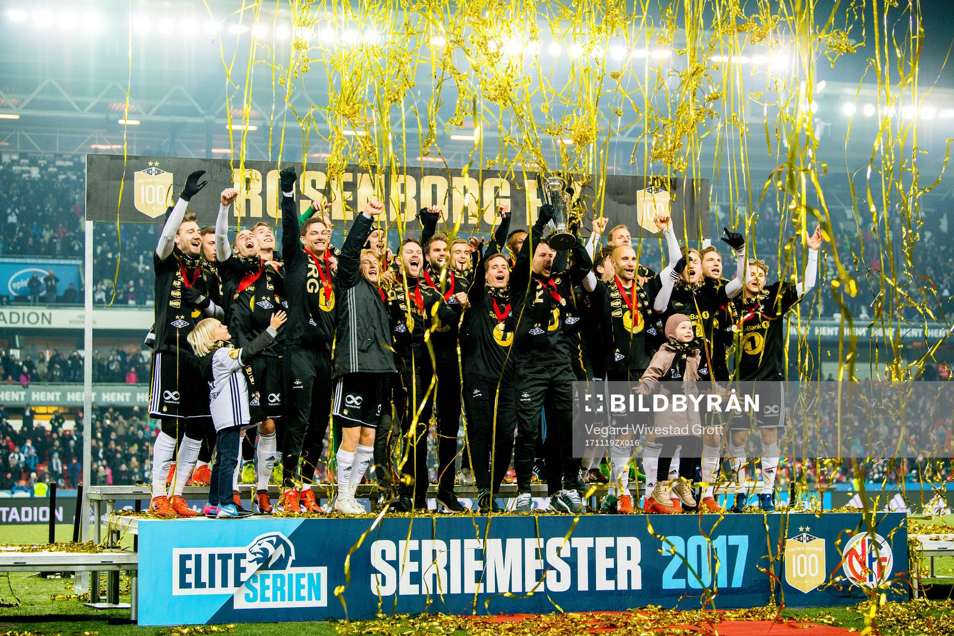 Players of Rosenborg celebrate winning the league after the Eliteserien match between Rosenborg and Viking on November 19, 2017 in Trondheim.