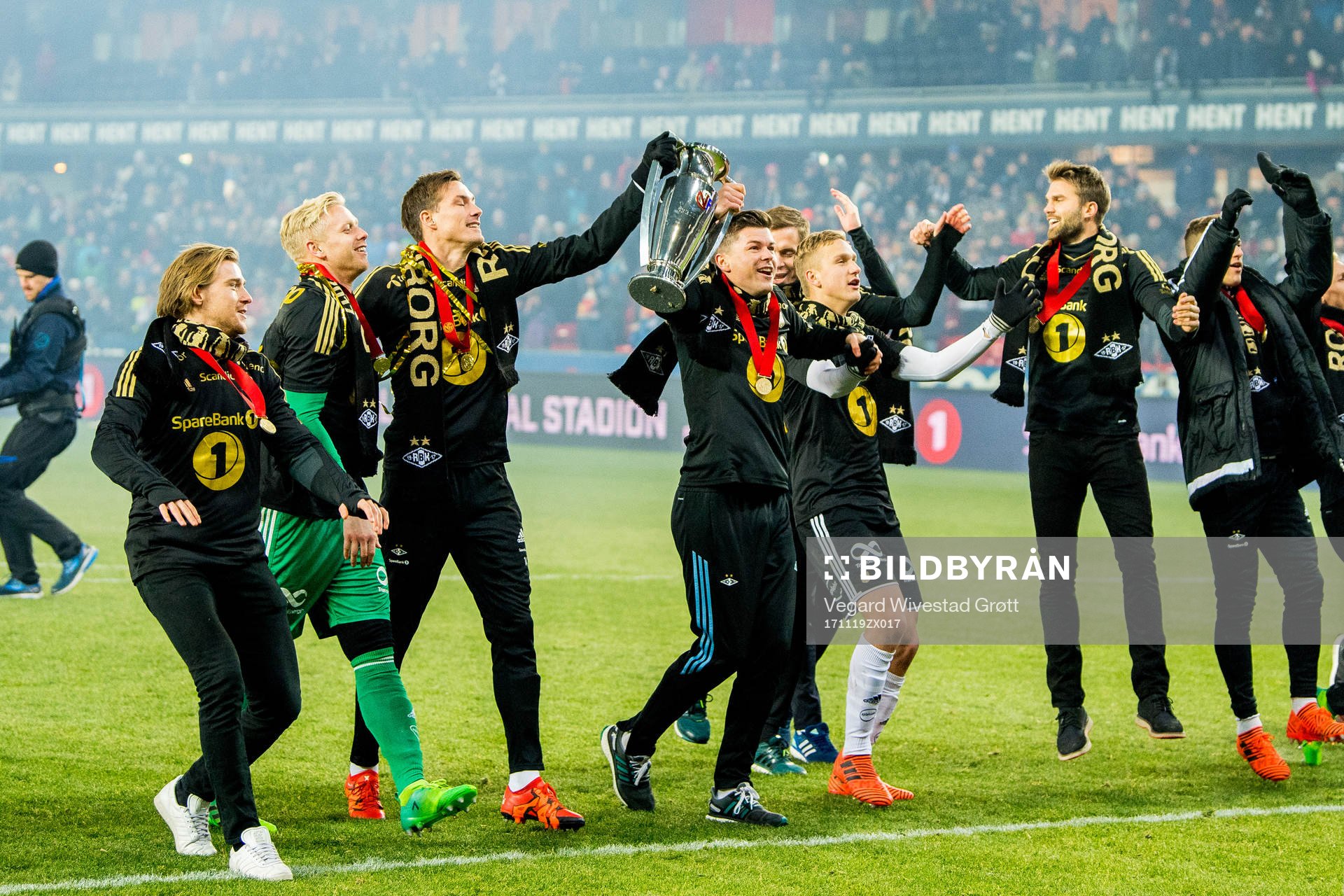 Players of Rosenborg celebrate winning the league