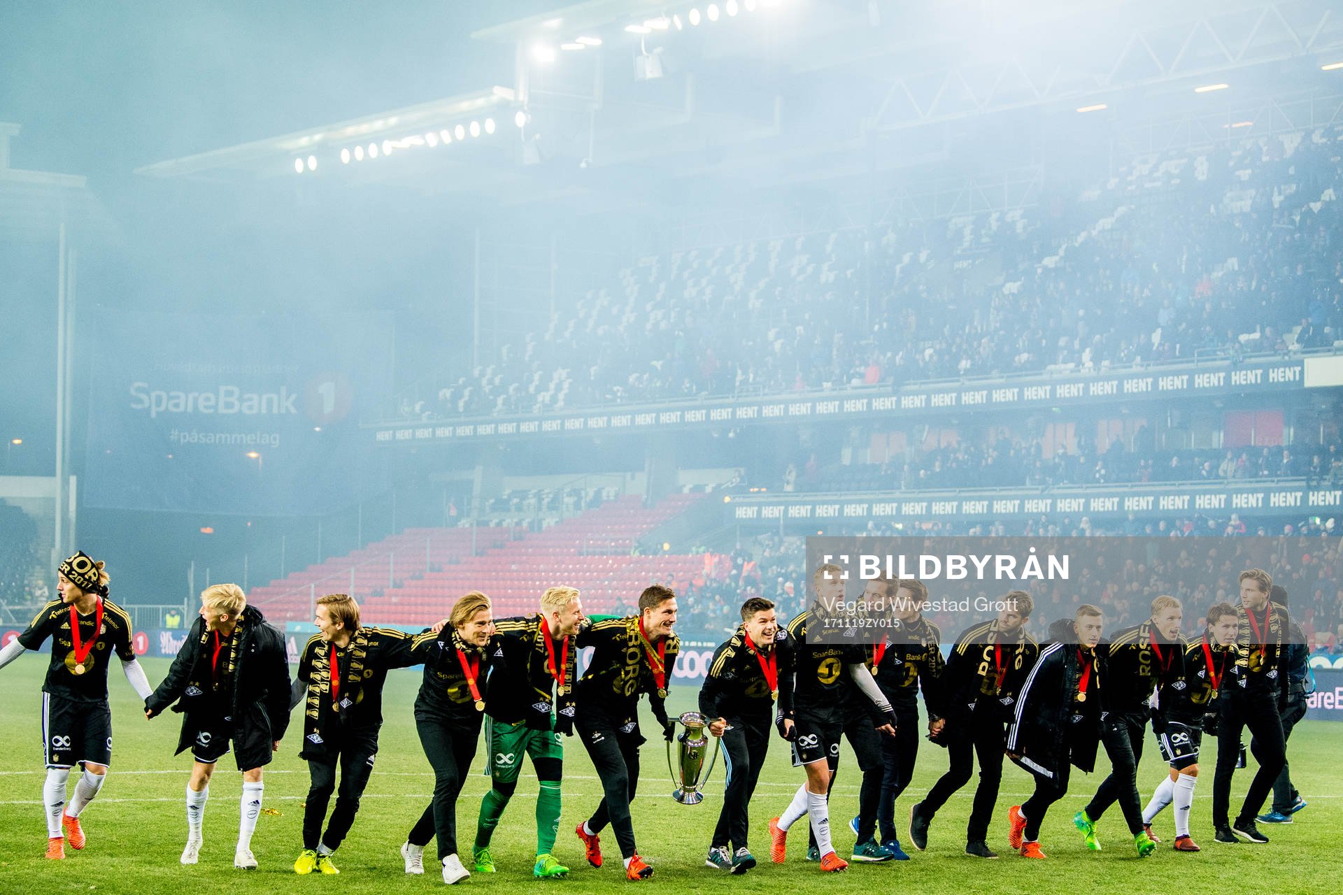 Players of Rosenborg celebrate winning the league
