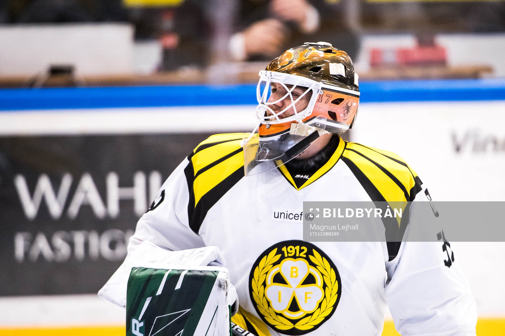 Brynäs målvakt Linus Fernström i Karlskronamask
