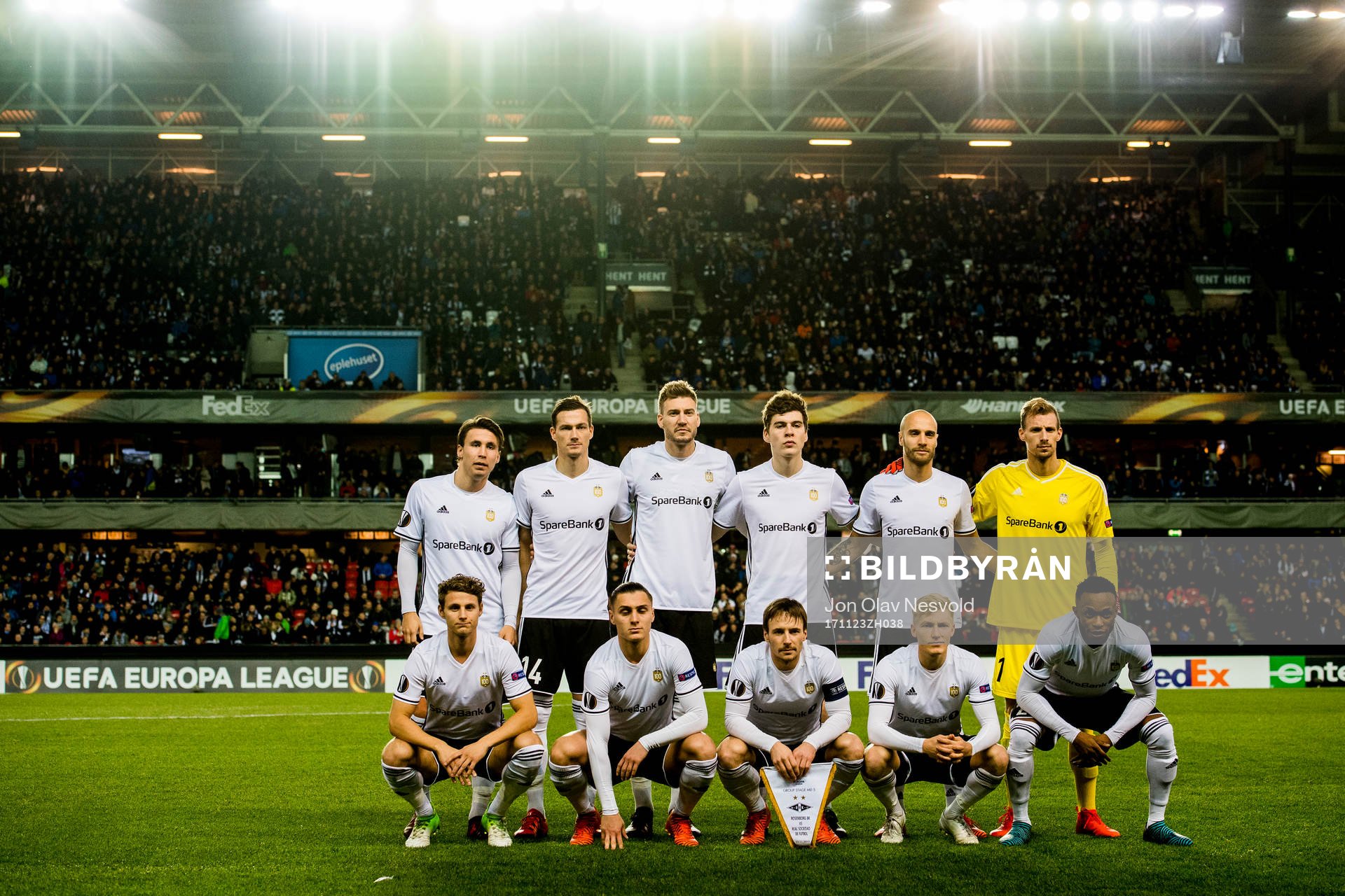 The starting eleven Anders Trondsen (2nd row), Johan Lædre Bjørdal, Nicklas Bendtner, Jacob Rasmussen, Tore Reginiussen, goalkeeper André Hansen, Vegar Eggen Hedenstad (1st row), Jonathan Levi, Mike Jensen, Birger Meling and Samuel Adegbenro of Rosenborg pose for a team photo ahead of the UEFA Europa League match between Rosenborg and Real Sociedad on November 23, 2017 in Trondheim.