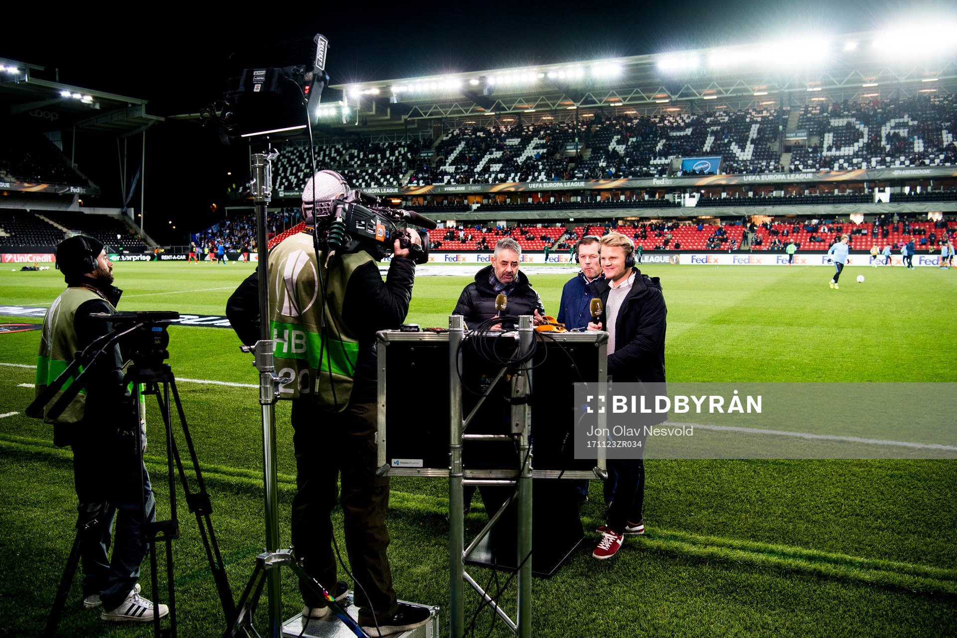 Kenneth Fredheim, commentator, Kjetil Rekdal, pundit, and Jonas Bergh-Johnsen, reporter, ahead of the UEFA Europa League match between Rosenborg and Real Sociedad on November 23, 2017 in Trondheim.