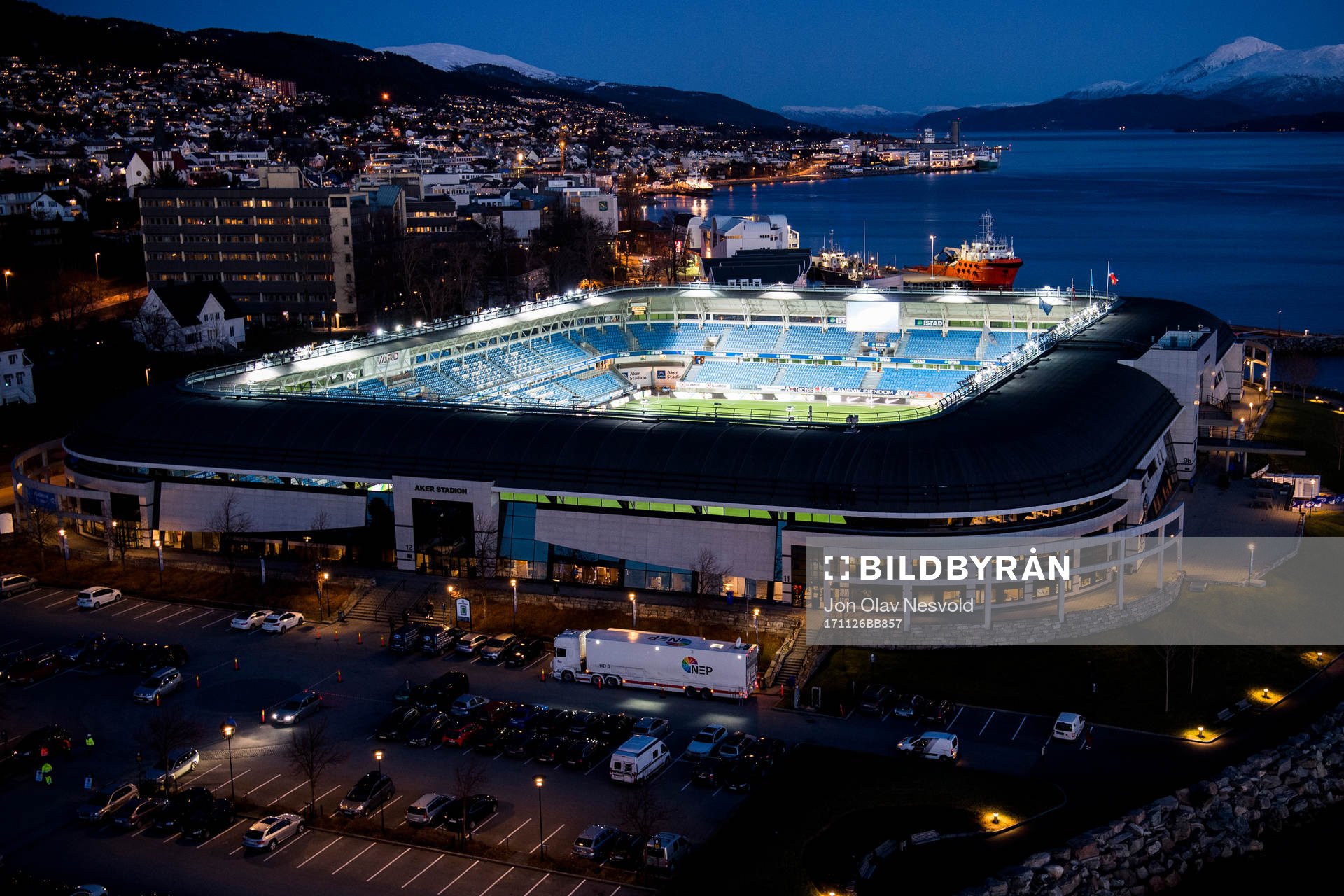 General exterior view of Aker stadion ahead of the Eliteserien match between Molde and Sarpsborg 08 on November 26, 2017 in Molde.