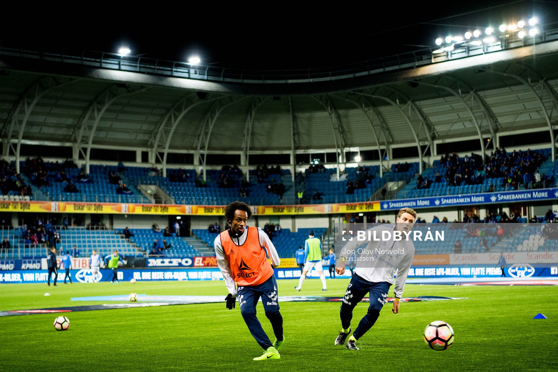 Amin Soleiman Askar and Kristoffer Zachariassen of Sarpsborg during warm-up ahead of the Eliteserien match between Molde and Sarpsborg 08 on November 26, 2017 in Molde.