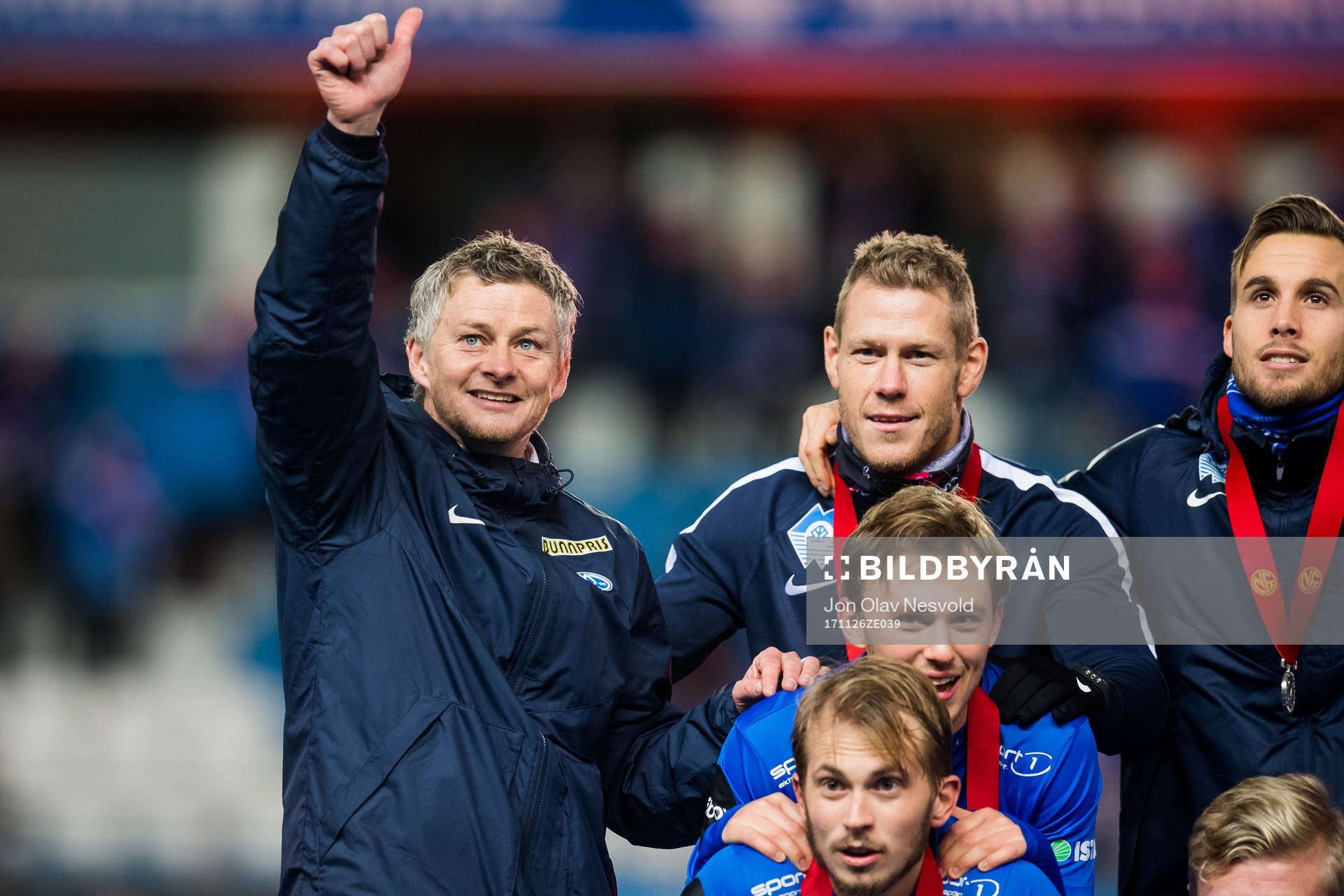 Ole Gunnar Solskjær, manager of Molde celebrates after the Eliteserien match between Molde and Sarpsborg 08 on November 26, 2017 in Molde.