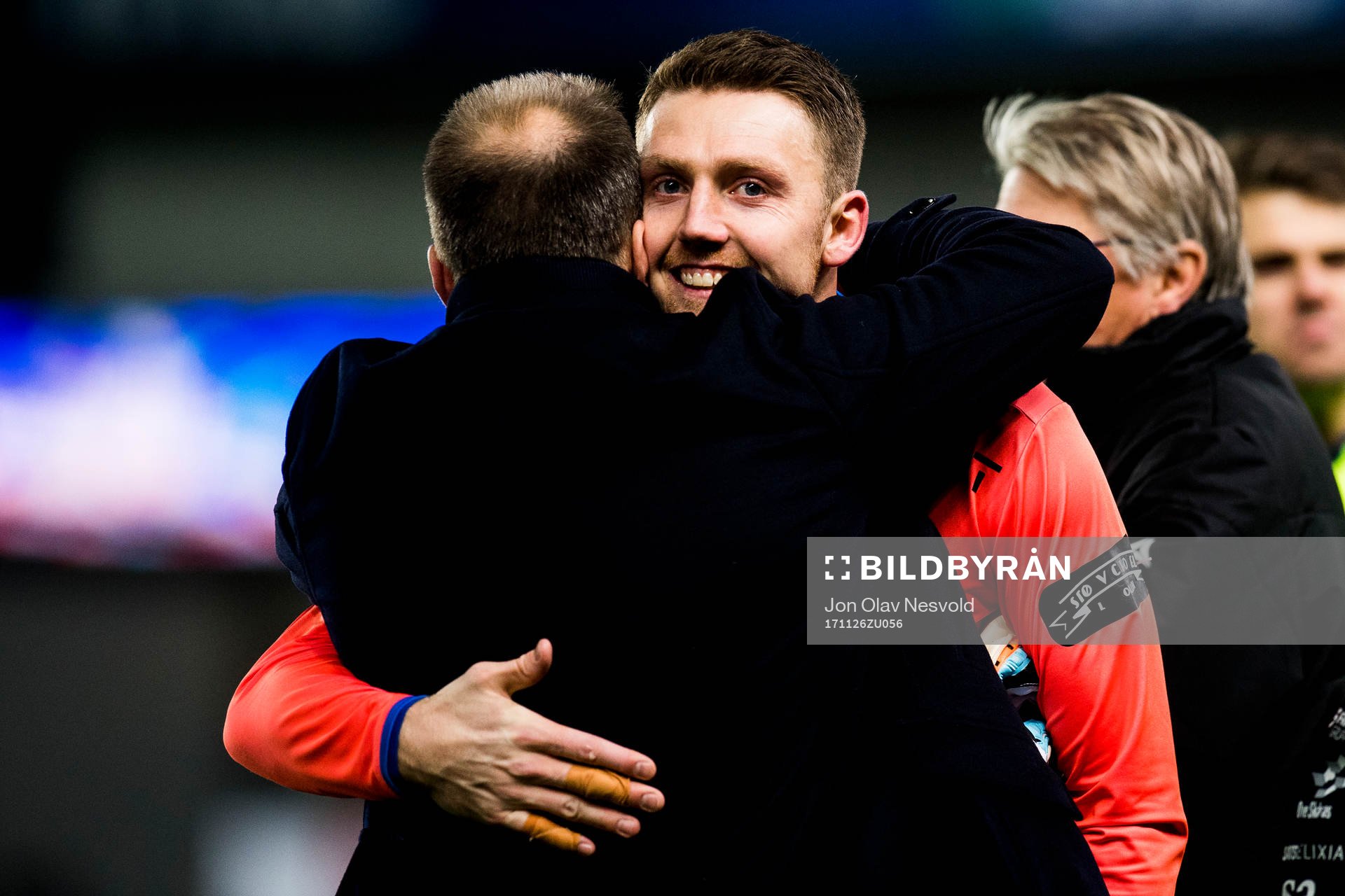 Geir Bakke, head coach of Sarpsborg 08, and goalkeeper Anders Kristiansen of Sarpsborg 08 after the Eliteserien match between Molde and Sarpsborg 08 on November 26, 2017 in Molde.