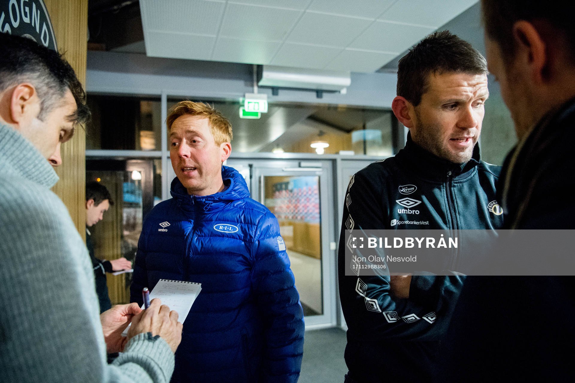 Svein Maalen, head coach of Ranheim, and Eirik Bakke, head coach of Sogndal, talk to the press after the playoff match between Sogndal and Ranheim on November 29, 2017 in Sogndal.