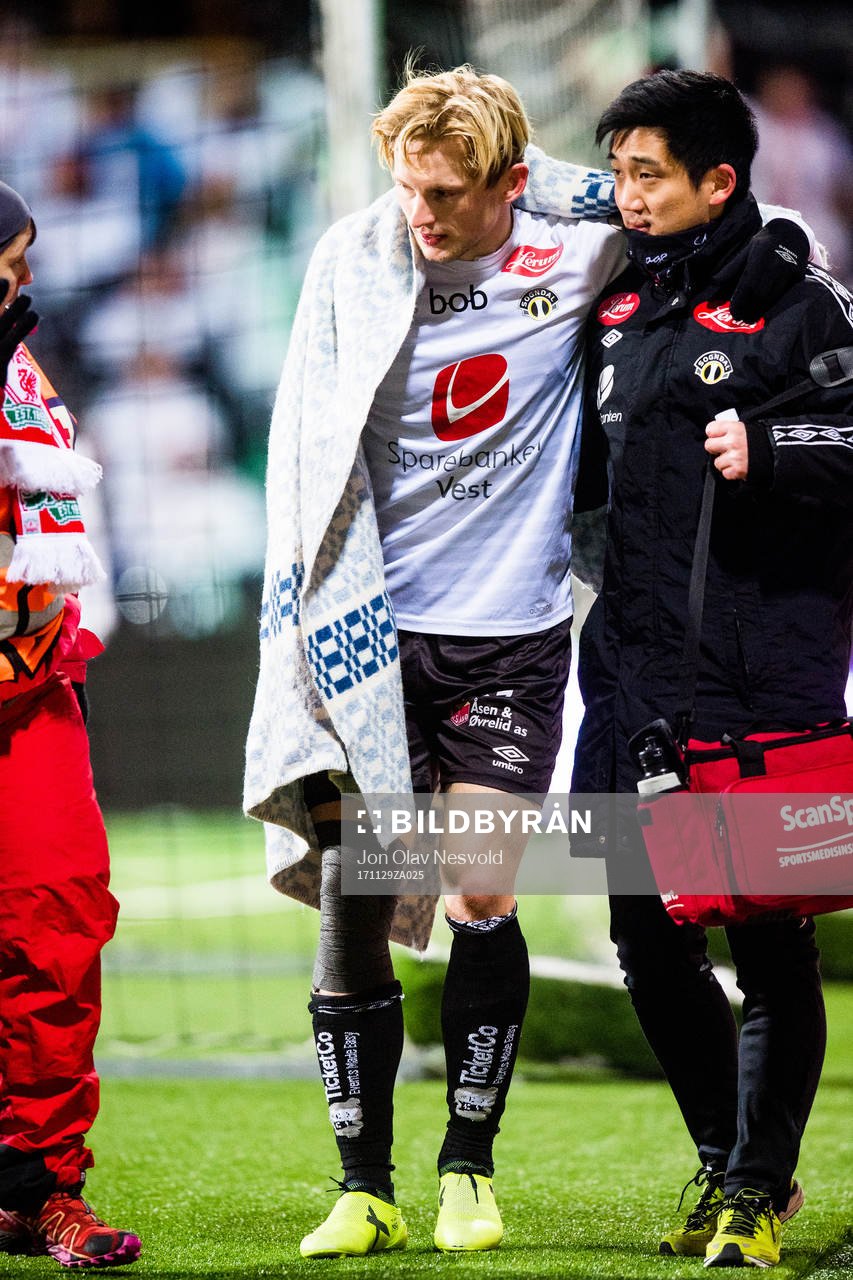Eirik Birkelund of Sogndal with an injury during the playoff match between Sogndal and Ranheim on November 29, 2017 in Sogndal.