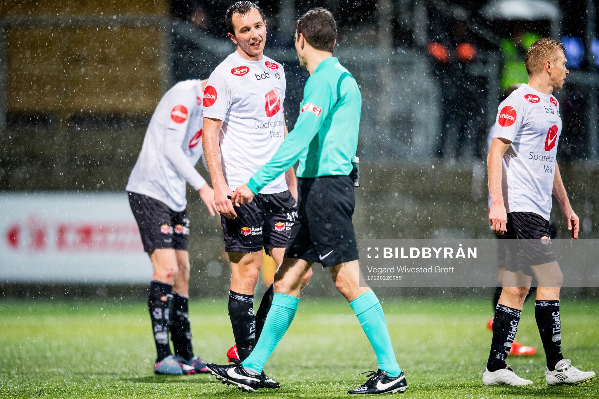 Even Hovland of Sogndal reacts after referee Tore Hansen awards a penalty kick to Ranheim during the playoff match between Ranheim and Sogndal on December 2, 2017 in Trondheim.