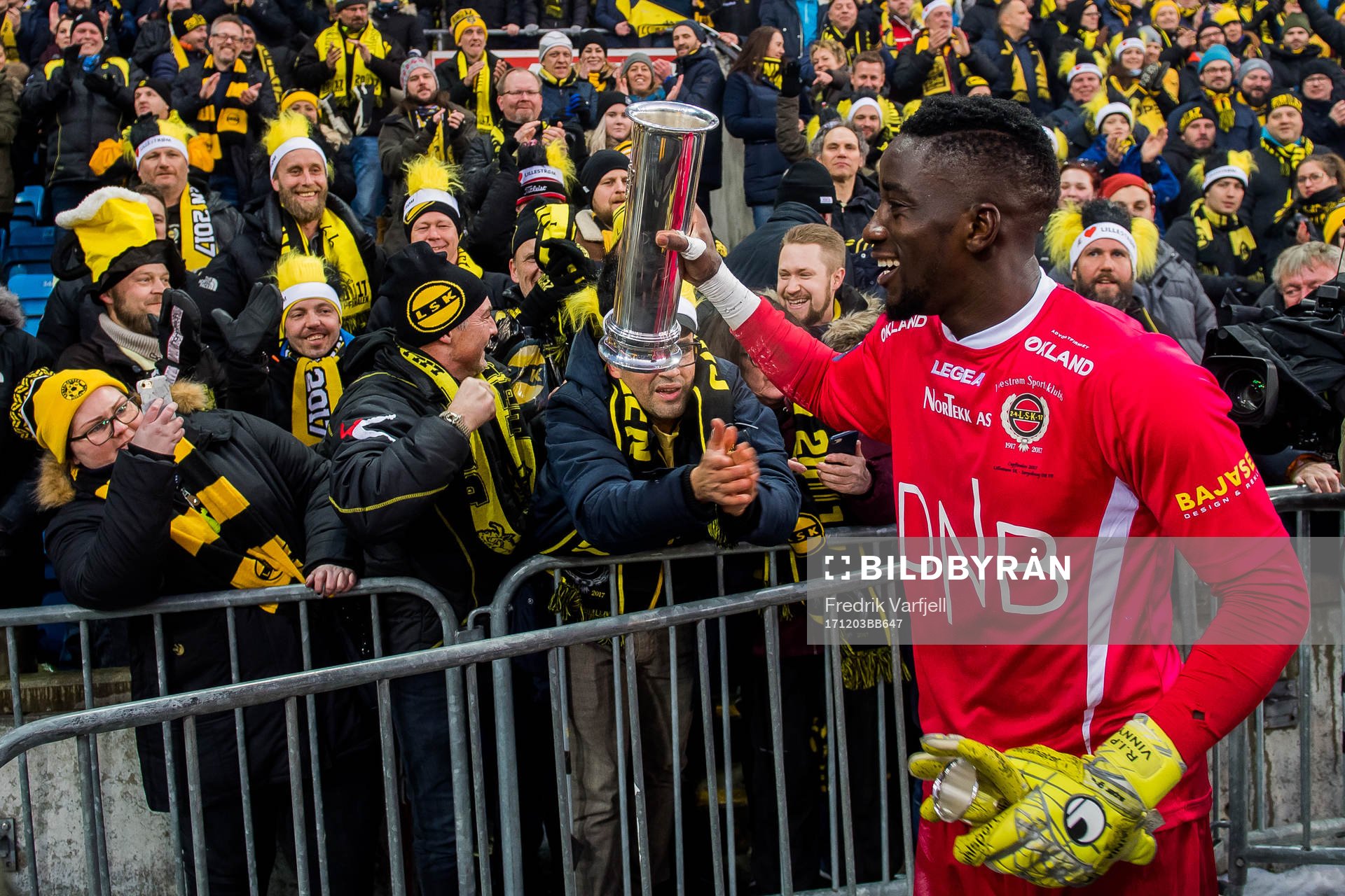 Goalkeeper Arnold Origi of Lillestrøm celebrates with the