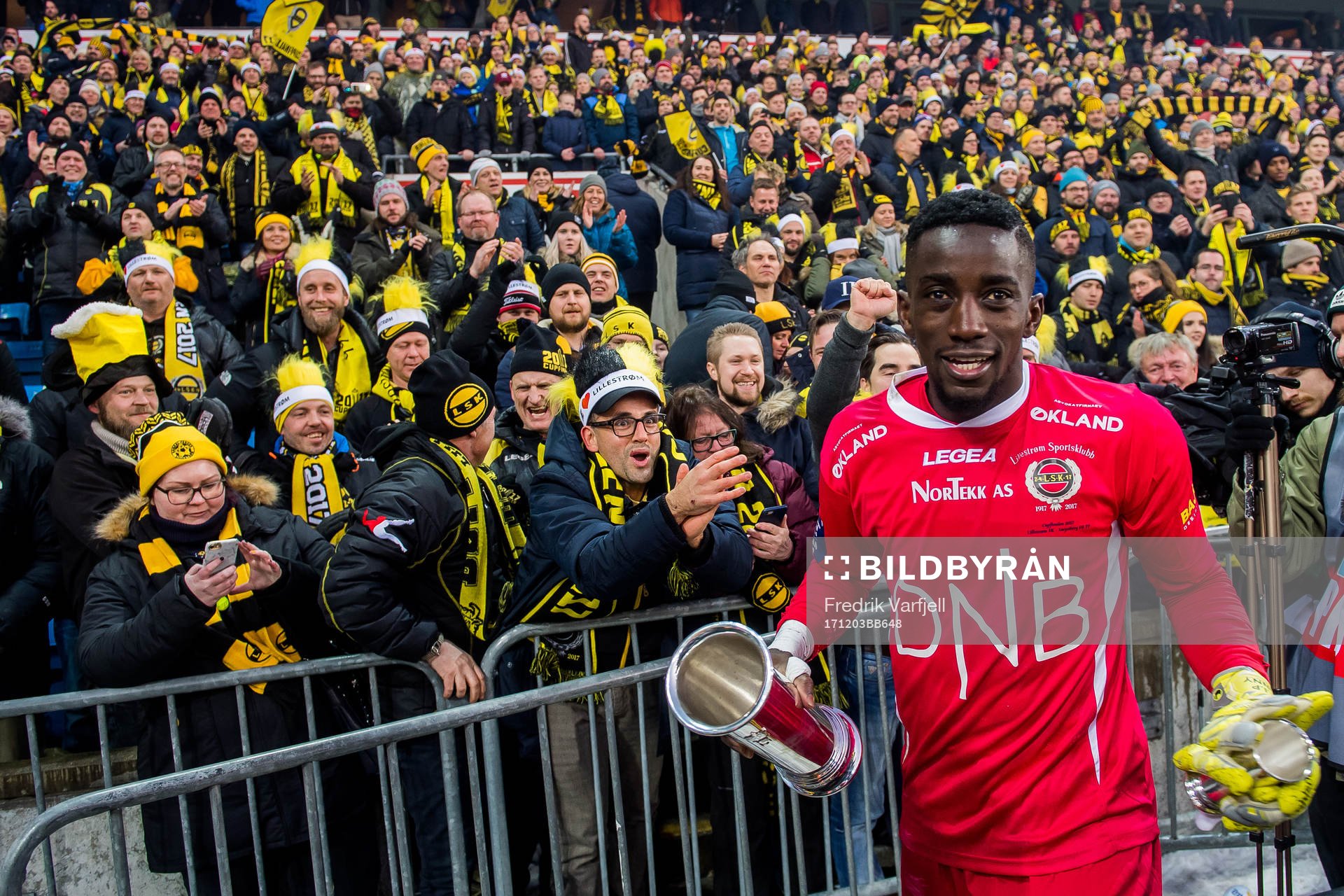 Goalkeeper Arnold Origi of Lillestrøm celebrates with the