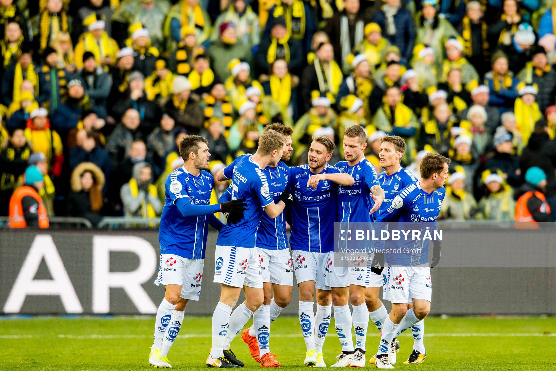 Patrick Mortensen of Sarpsborg 08 celebrates with teammates