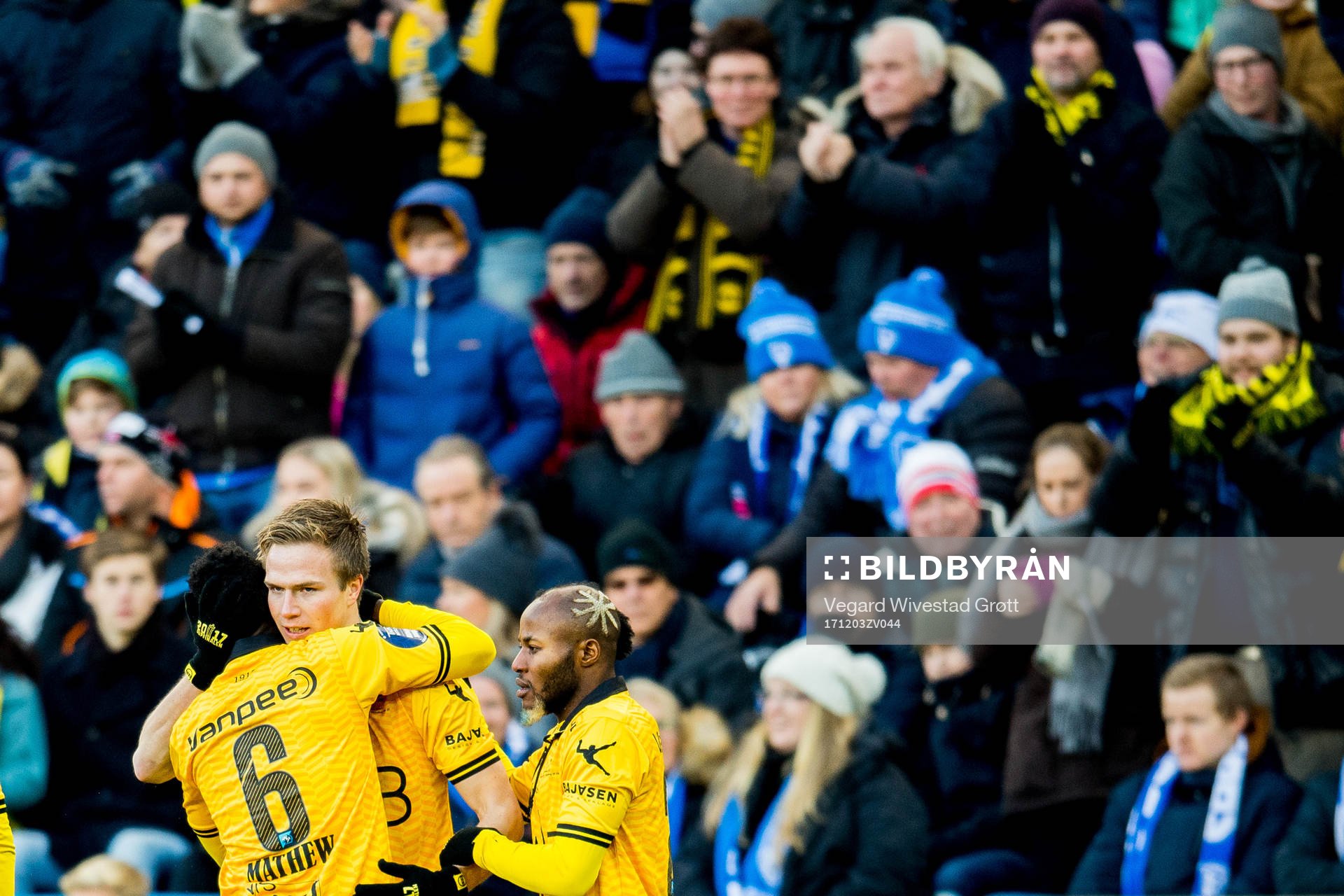 Simen Kind Mikalsen of Lillestrøm celebrates with teammates Ifeanyi Mathew and Chigozie Udoji after scoring 1-0 during the cup final match between Lillestrøm and Sarpsborg 08 on December 3, 2017 in Oslo.