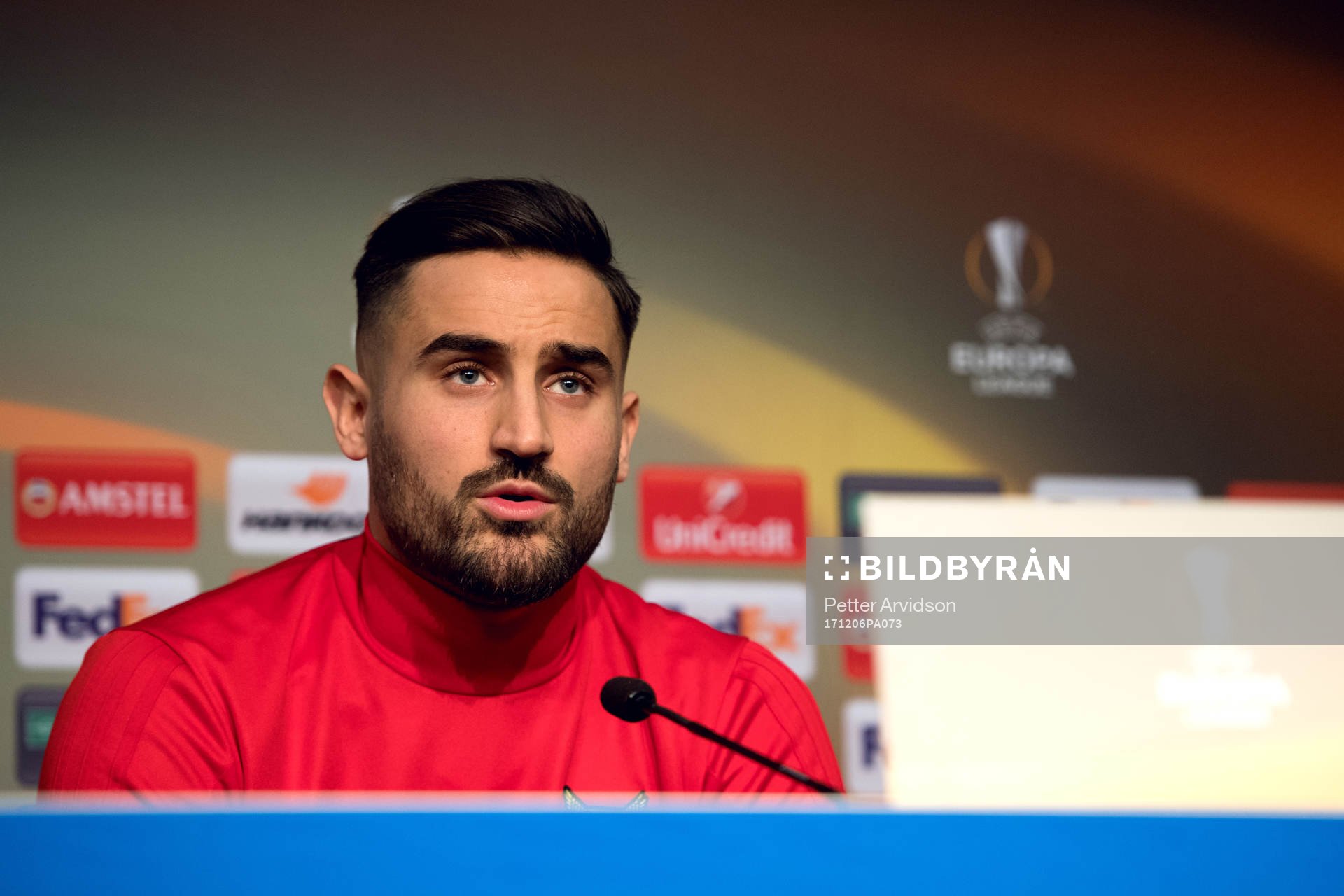Östersunds Sotirios Papagiannopoulus under en presskonferens inför Europa League den 6 december 2017 i Berlin.