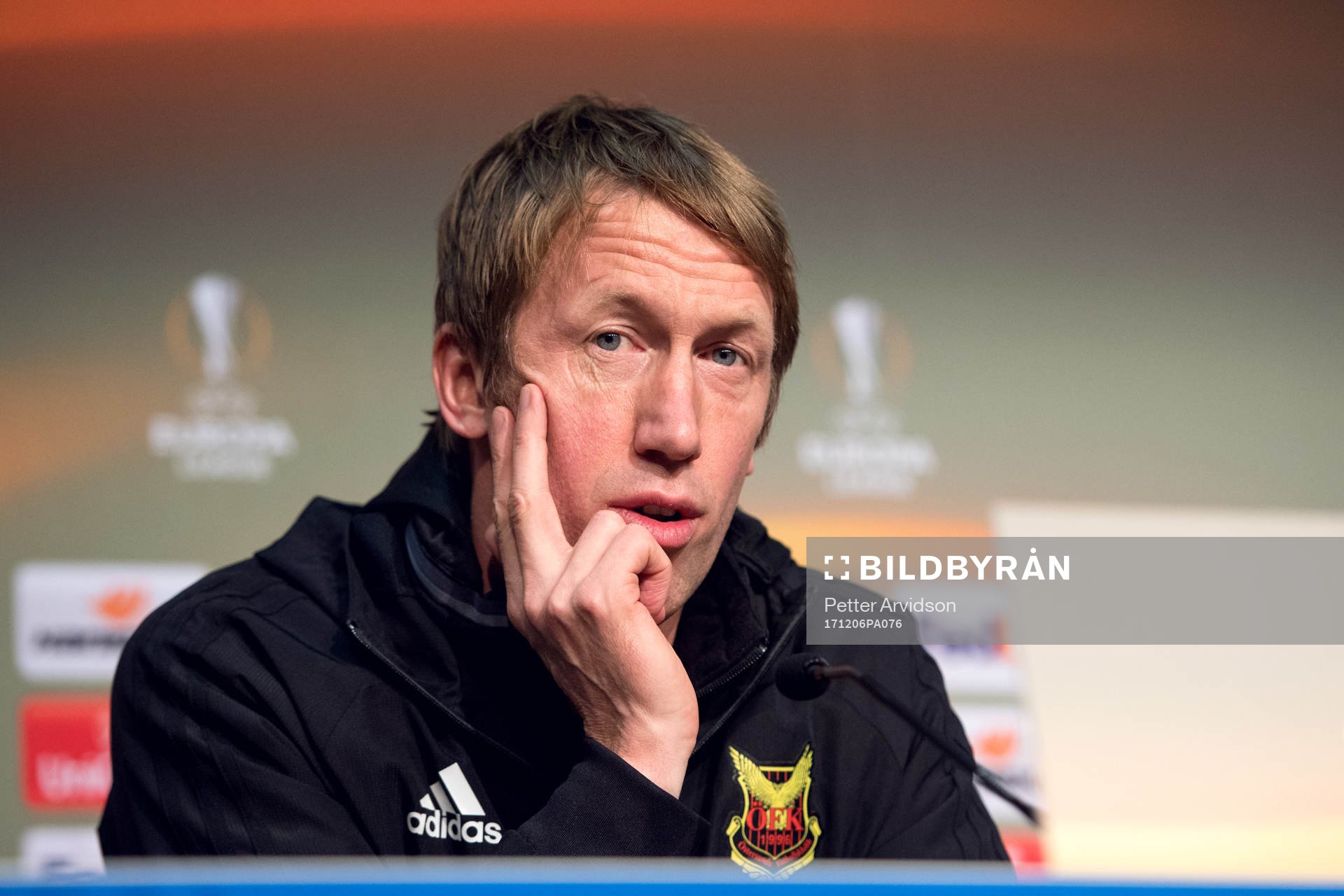 Östersunds tränare Graham Potter under en presskonferens inför Europa League den 6 december 2017 i Berlin.