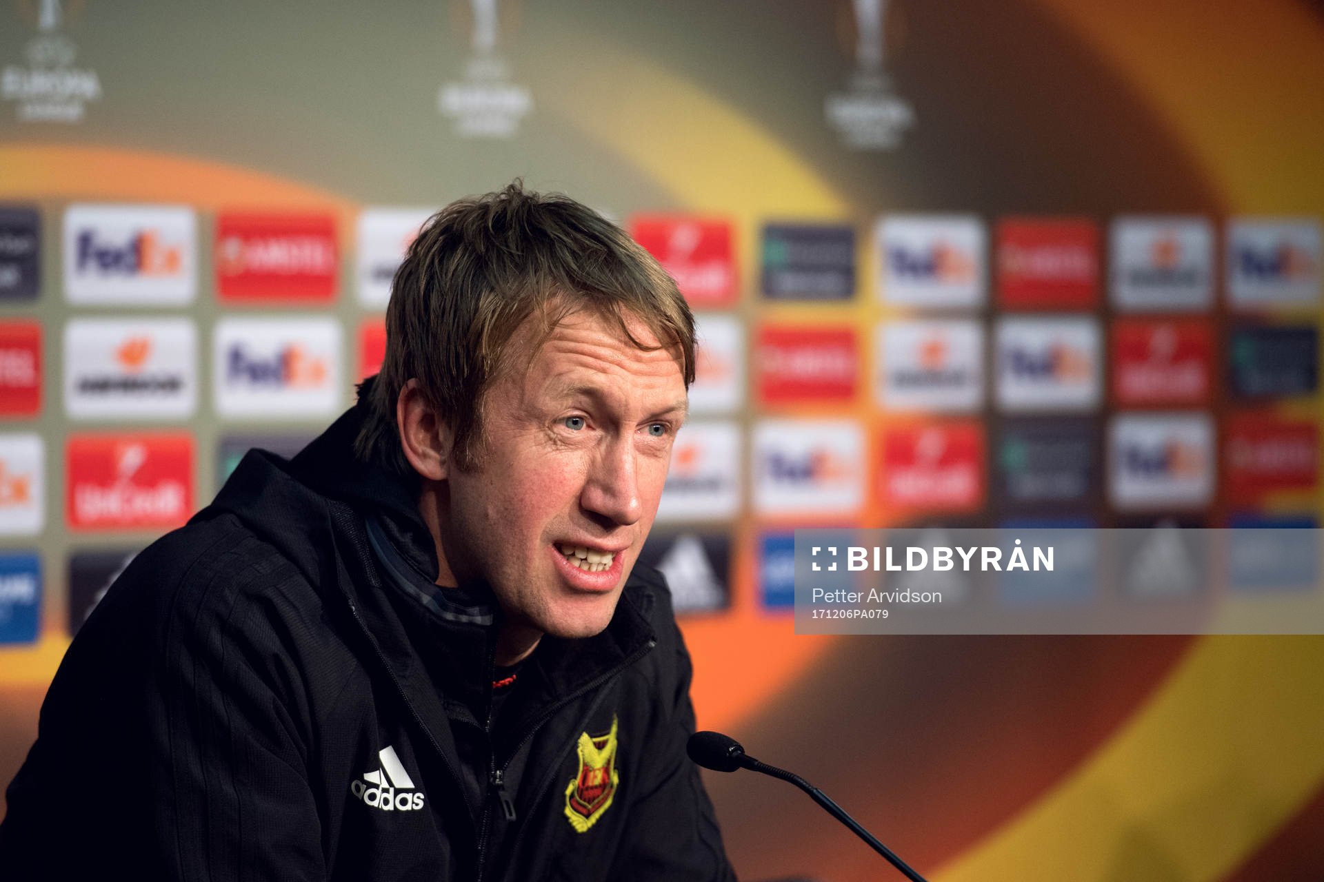 Östersunds tränare Graham Potter under en presskonferens inför Europa League den 6 december 2017 i Berlin.