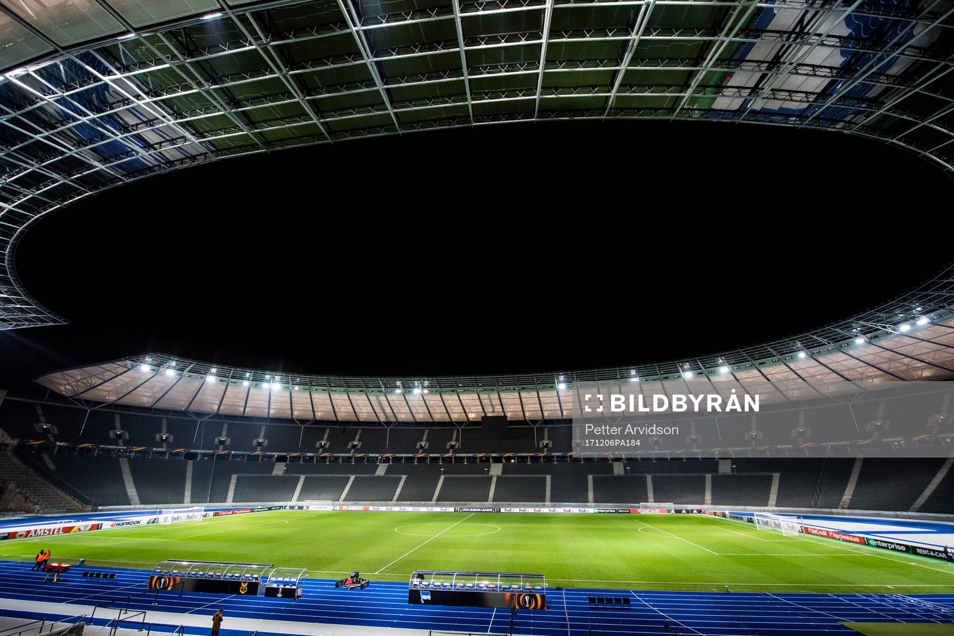 Interiör Olympia Stadion inför en träning inför Europa League den 6 december 2017 i Berlin.