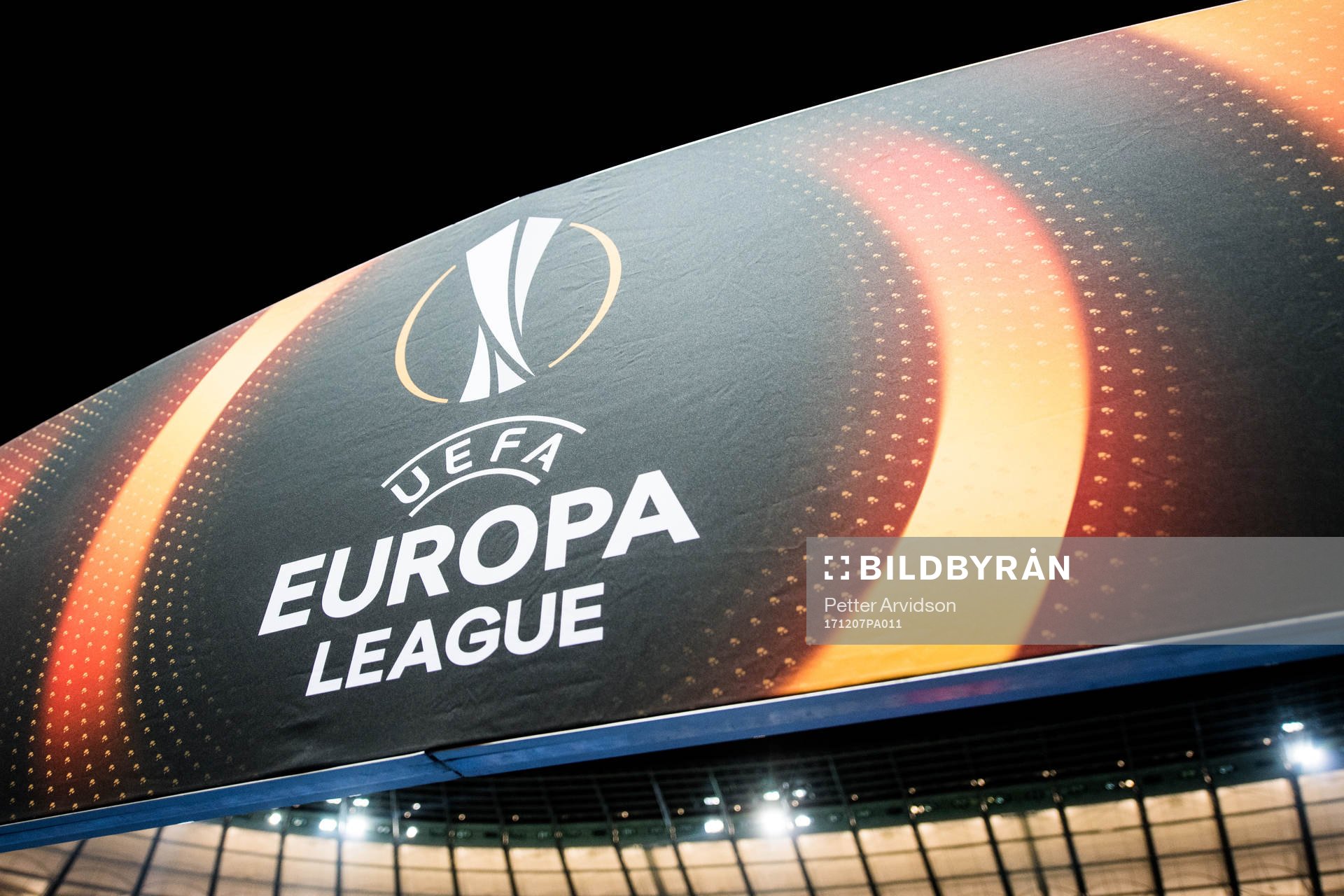 Uefa Europa League skylt inför fotbollsmatchen i Europa League mellan Hertha Berlin och Östersund den 7 december 2017 i Berlin.