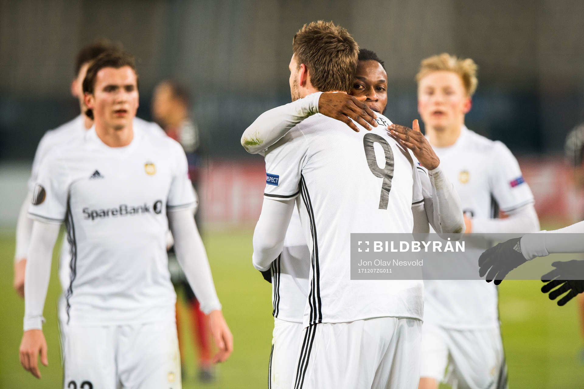 Nicklas Bendtner and Samuel Adegbenro of Rosenborg