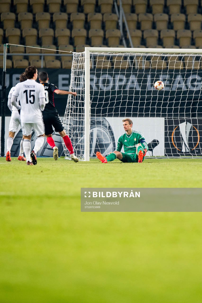 Goalkeeper André Hansen of Rosenborg lets in the 1-0 goal