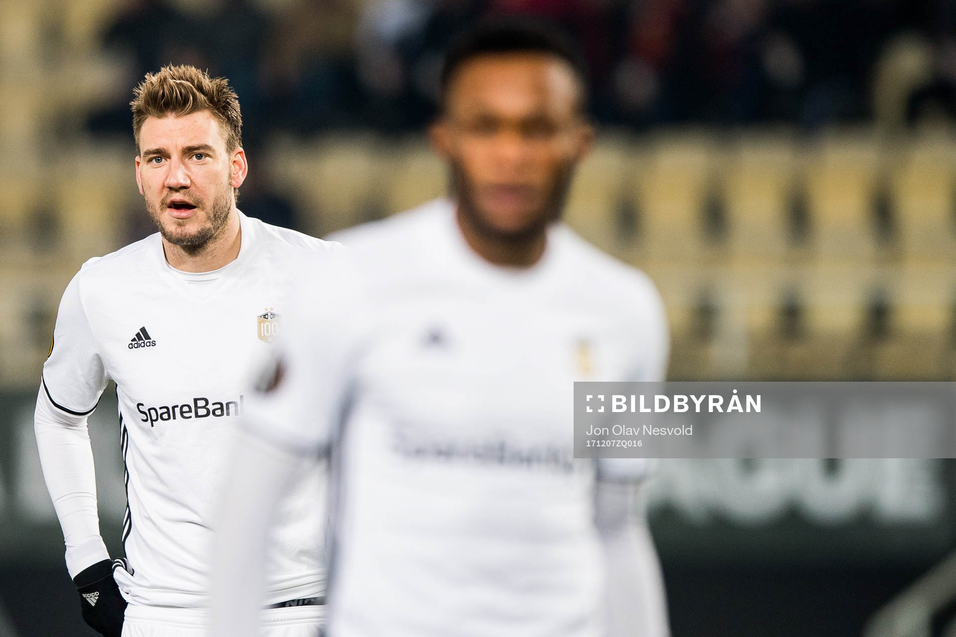 Nicklas Bendtner and Samuel Adegbenro of Rosenborg