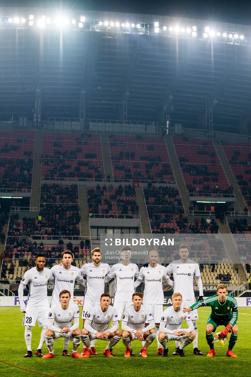 The starting eleven Samuel Adegbenro (2nd row), Anders Trondsen, Jørgen Skjelvik, Jacob Rasmussen, Tore Reginiussen, Nicklas Bendtner, Morten Konradsen (1st row), Alex Gersbach, Vegar Eggen Hedenstad, Birger Meling and goalkeeper André Hansen of Rosenborg pose for a team photo ahead of the Europa League match between FK Vardar and Rosenborg on December 7, 2017 in Skopje.