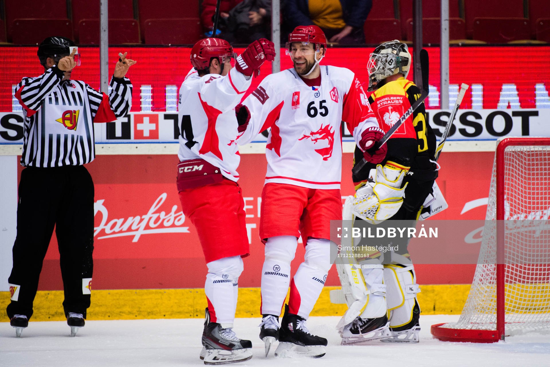 Zbynek Irgl and Tomas Marcinko of Ocelari Trinec celebrates
