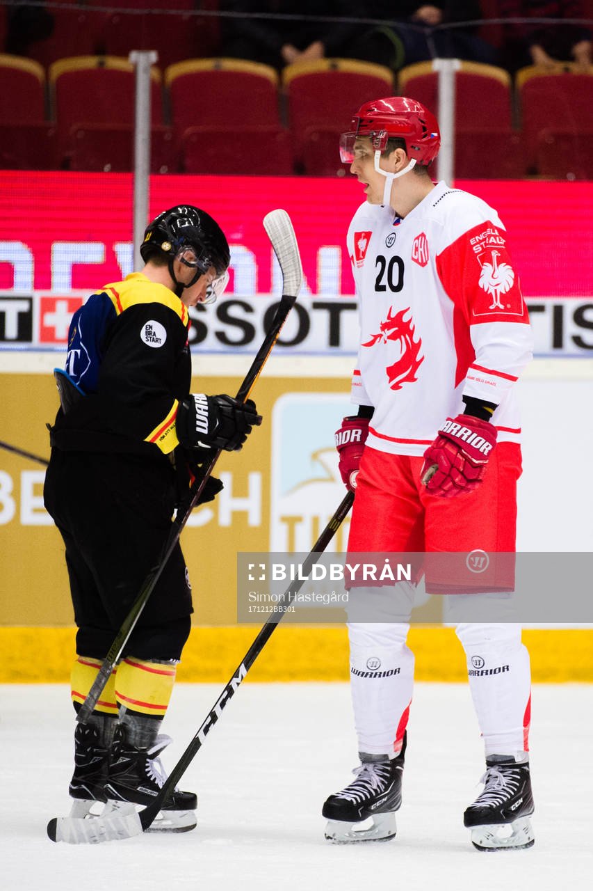Kevin Clark of Brynäs and Lukas Kovar of Ocelari Trinec
