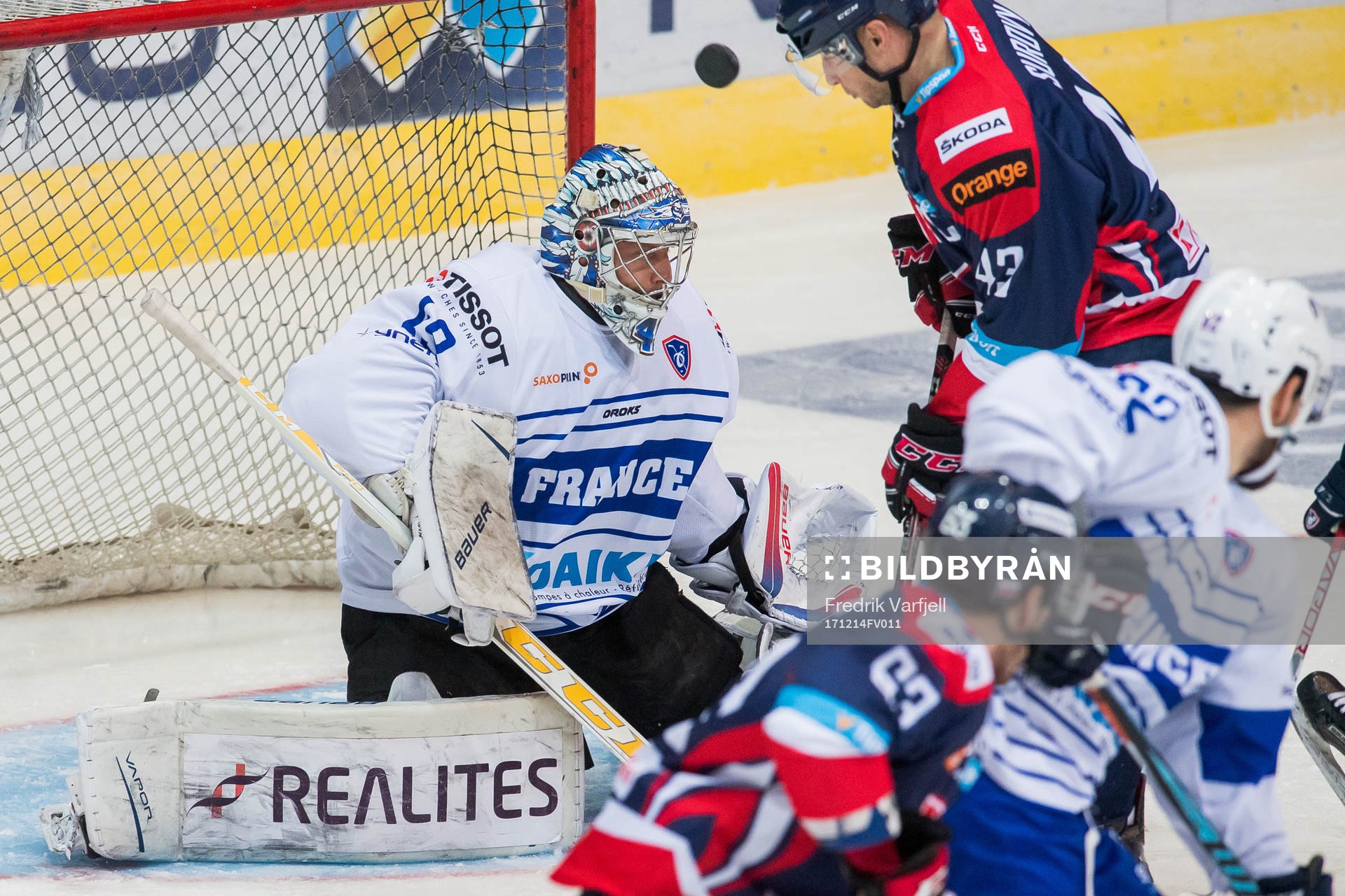 Goaltender Florian Hardy of France and Tomas Surovy of