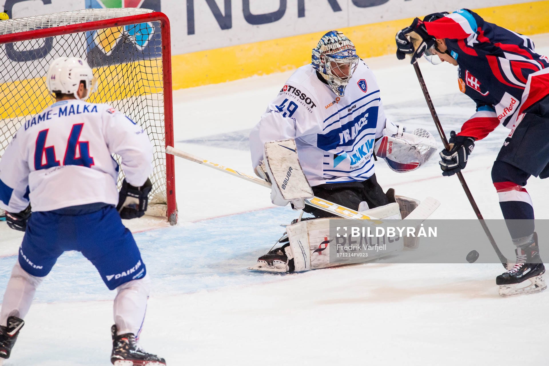 Goaltender Florian Hardy of France and Matej Paulovic of