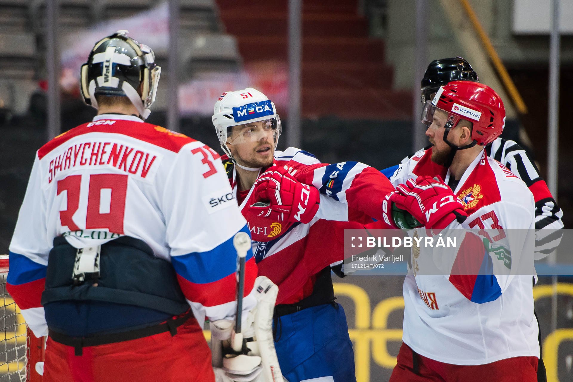 Goaltender Aleksandr Sharychenkov of Russia, Mats Rosseli