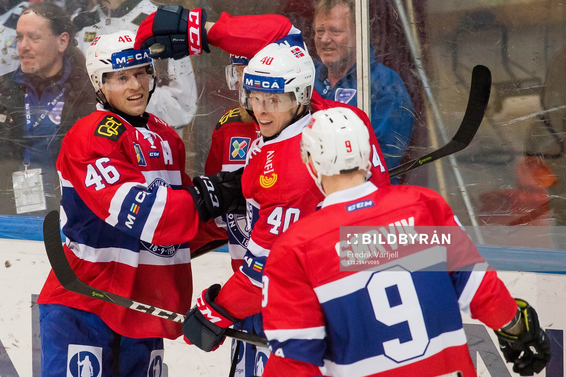 Mathis Olimb of Norway celebrates with his teammates