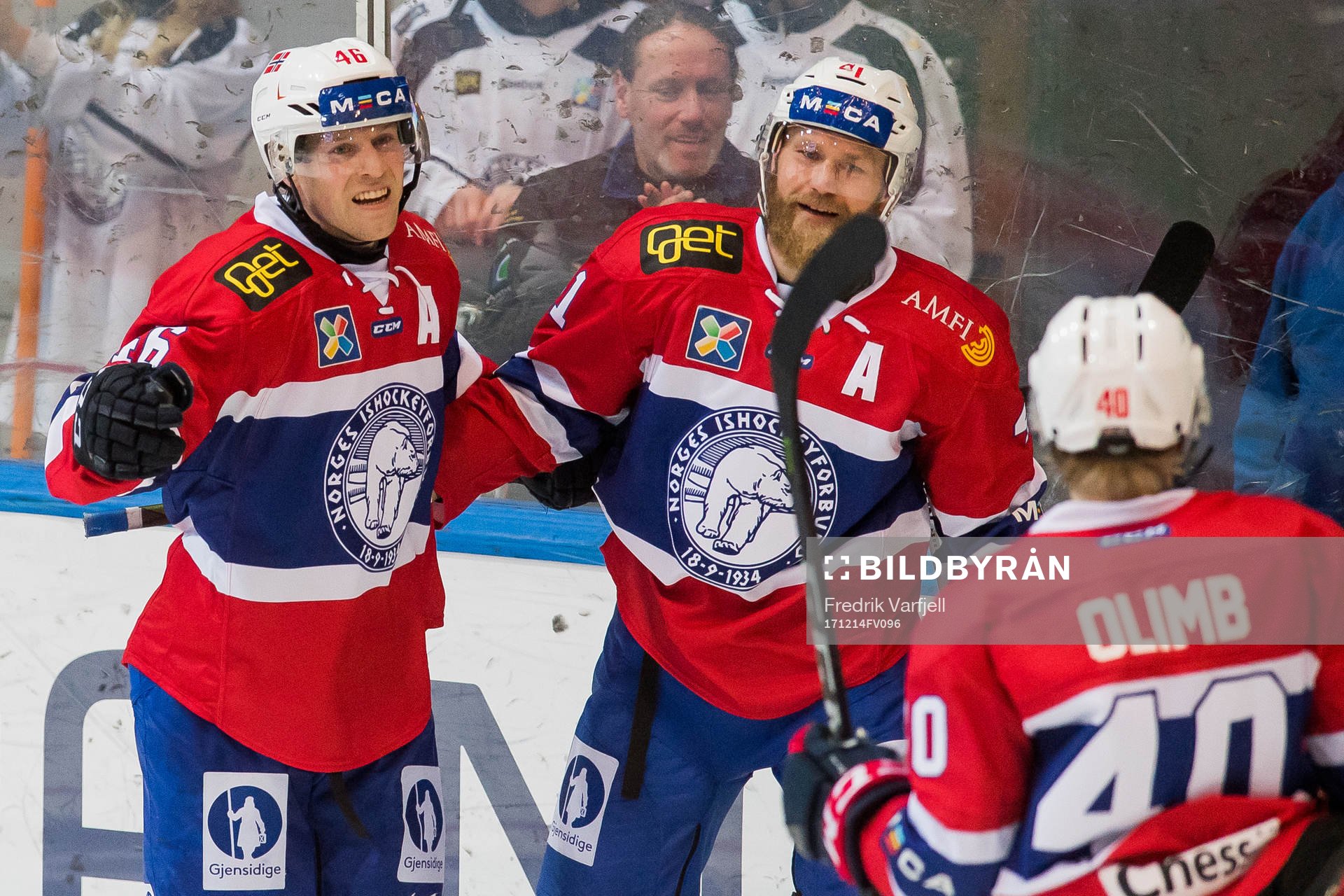 Mathis Olimb of Norway celebrates with his teammates