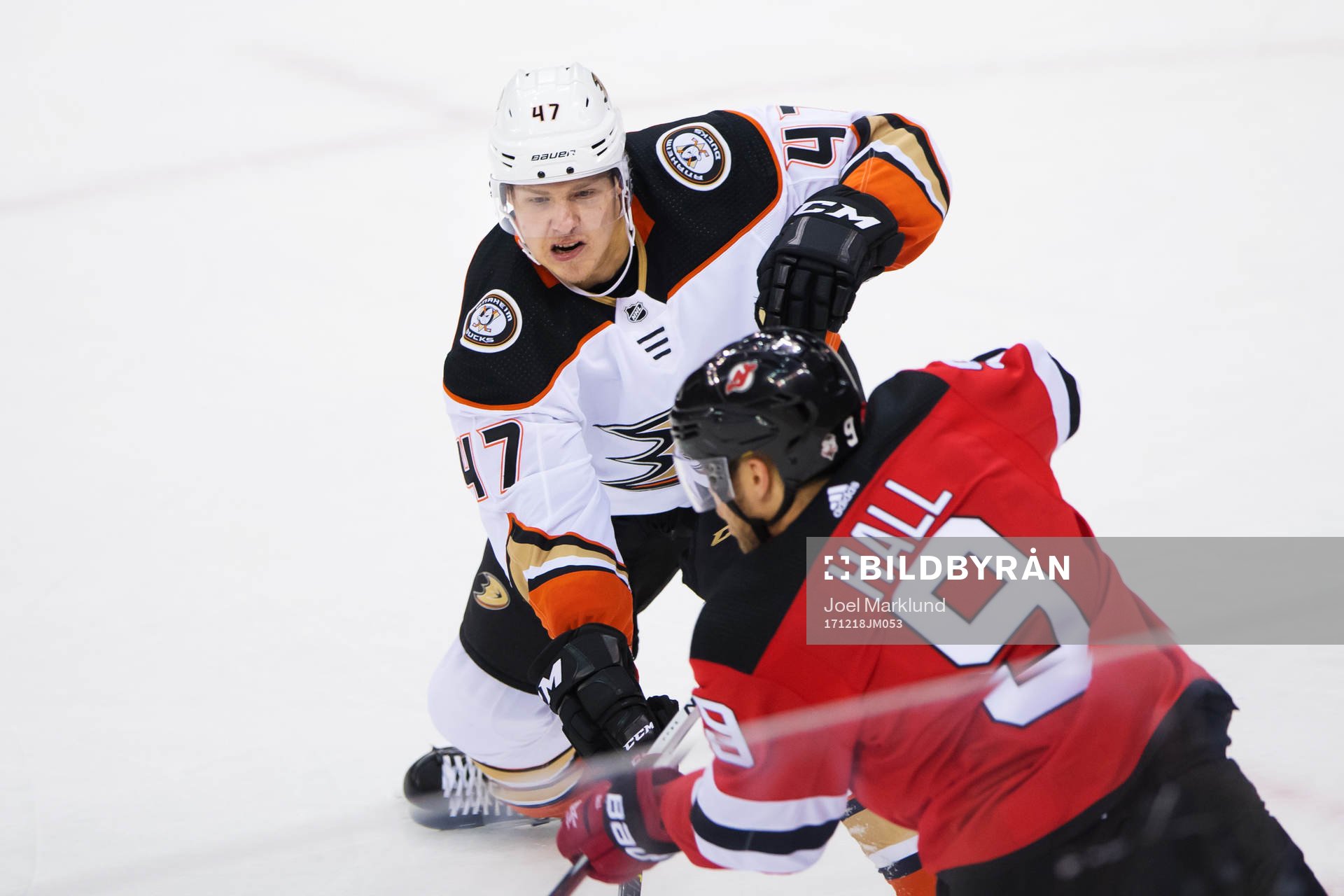 Ducks Hampus Lindholm utmanas av Devils Taylor Hall