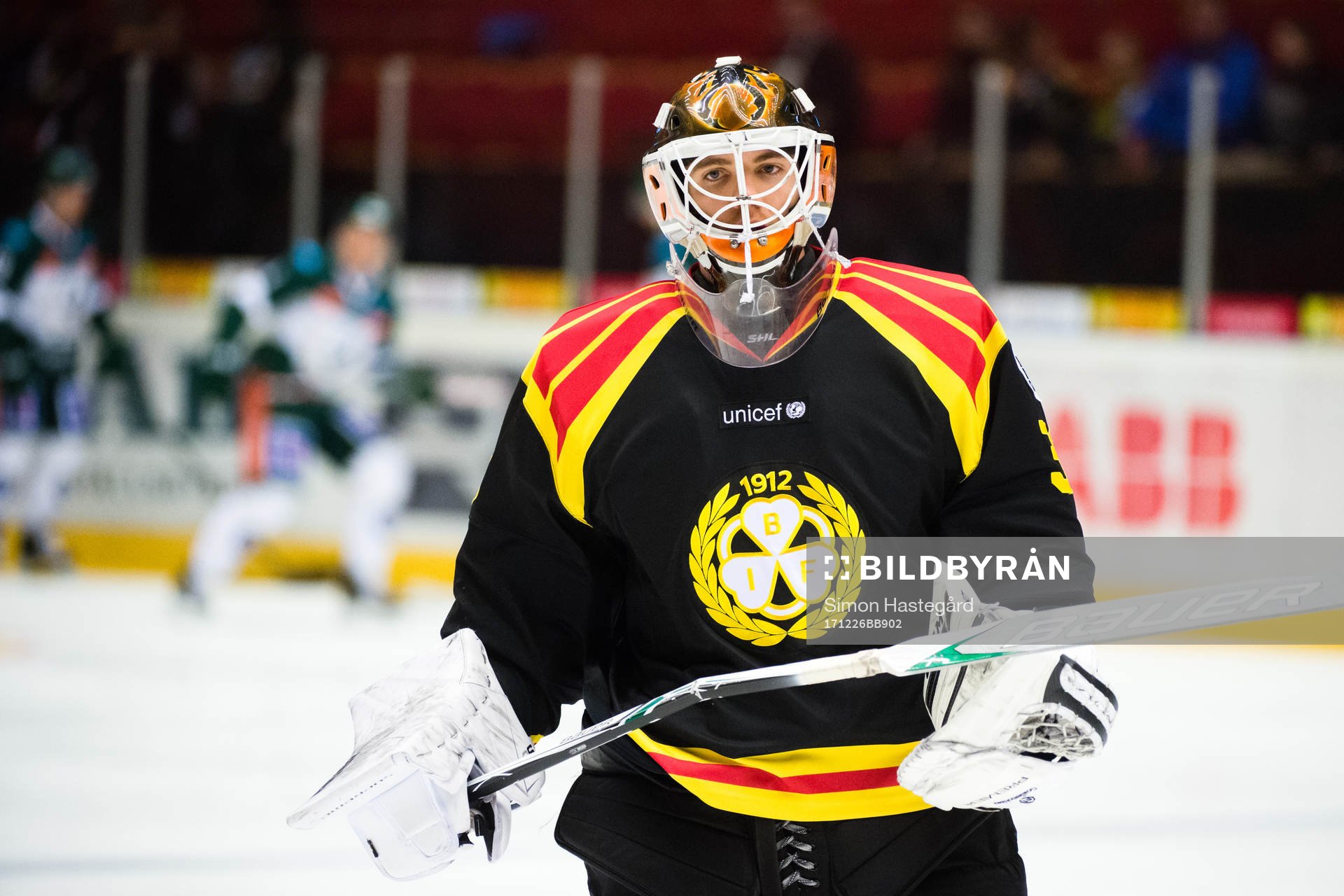 Brynäs målvakt Linus Fernström före  ishockeymatchen i