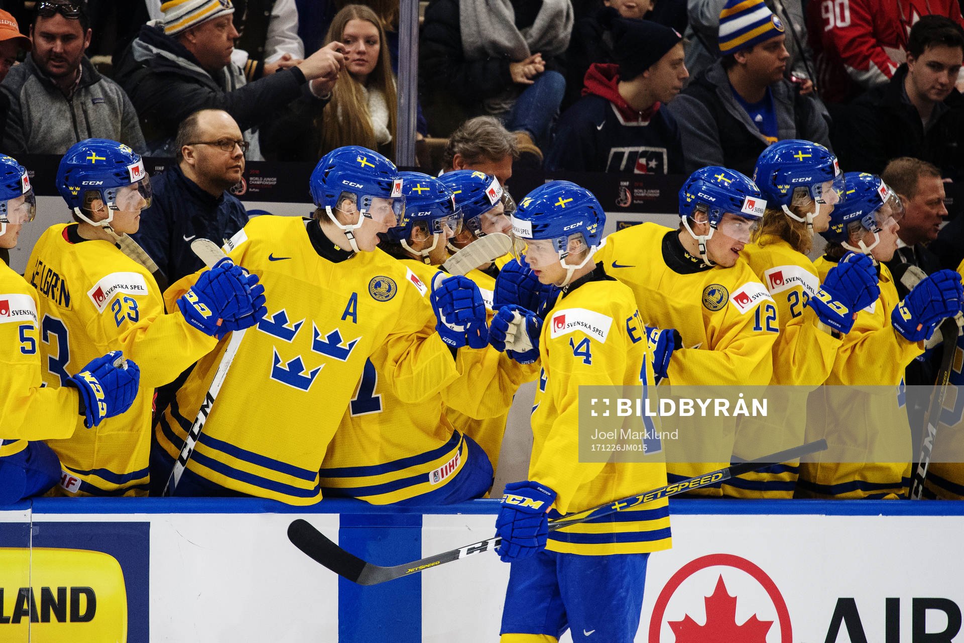 Sveriges Elias Pettersson jublar med lagkamrater