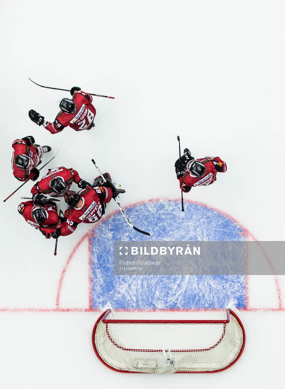Malmö Redhawks spelare jublar med målvakt Oscar Alsenfelt