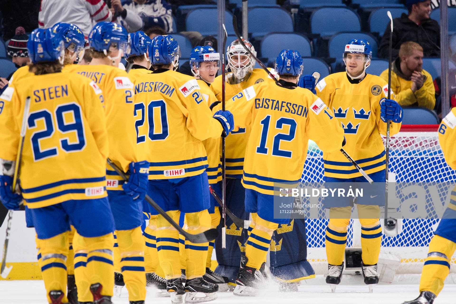 Sveriges spelare jublar med målvakt Filip Gustavsson