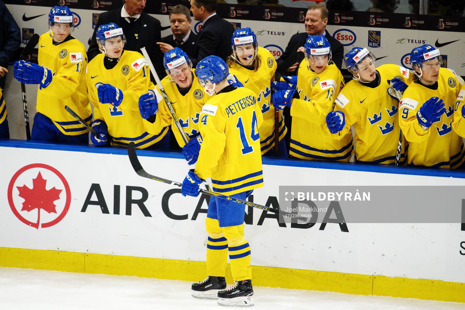 Sveriges Elias Pettersson jublar med lagkamrater