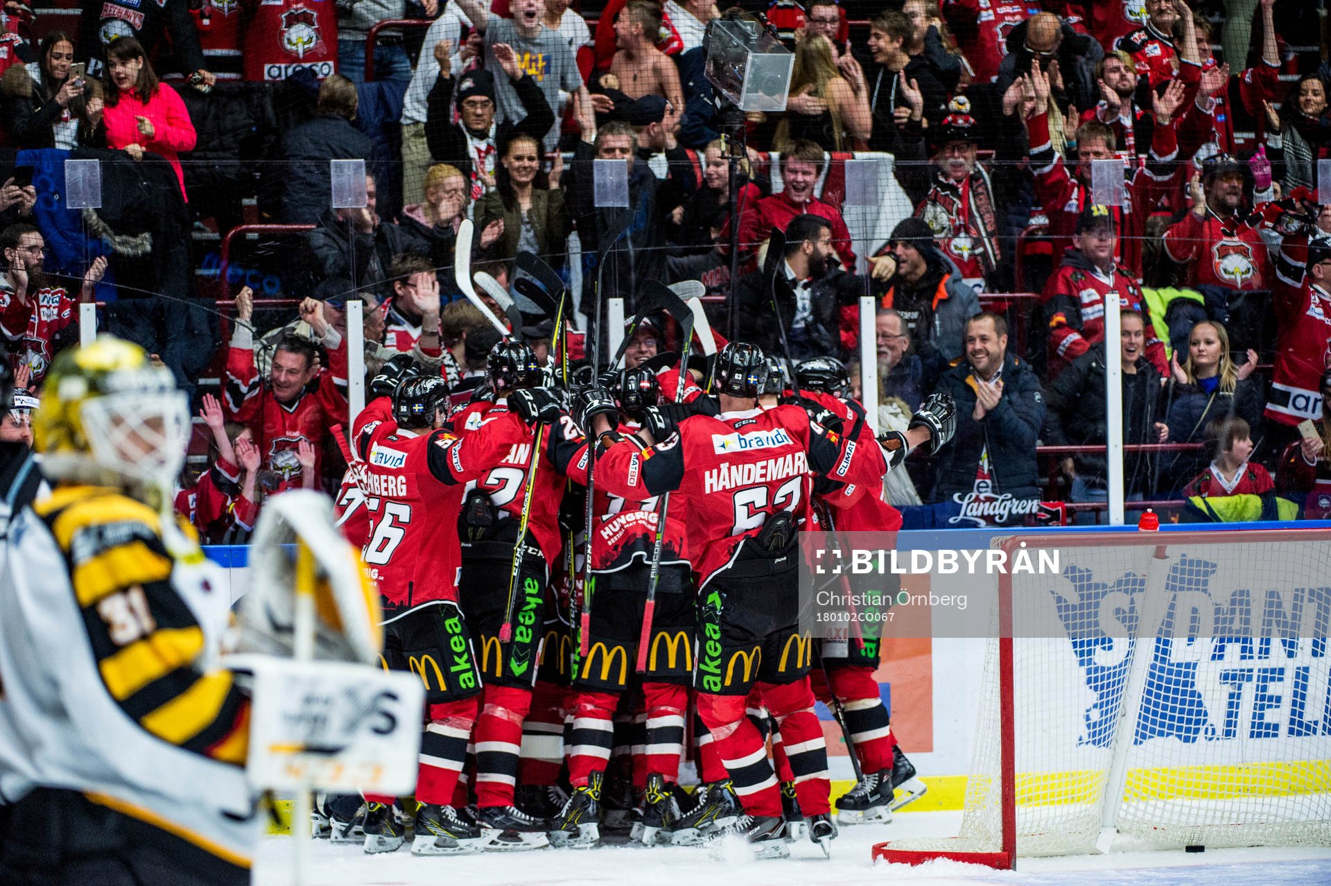 Malmö Redhawks spelare jublar med fansen