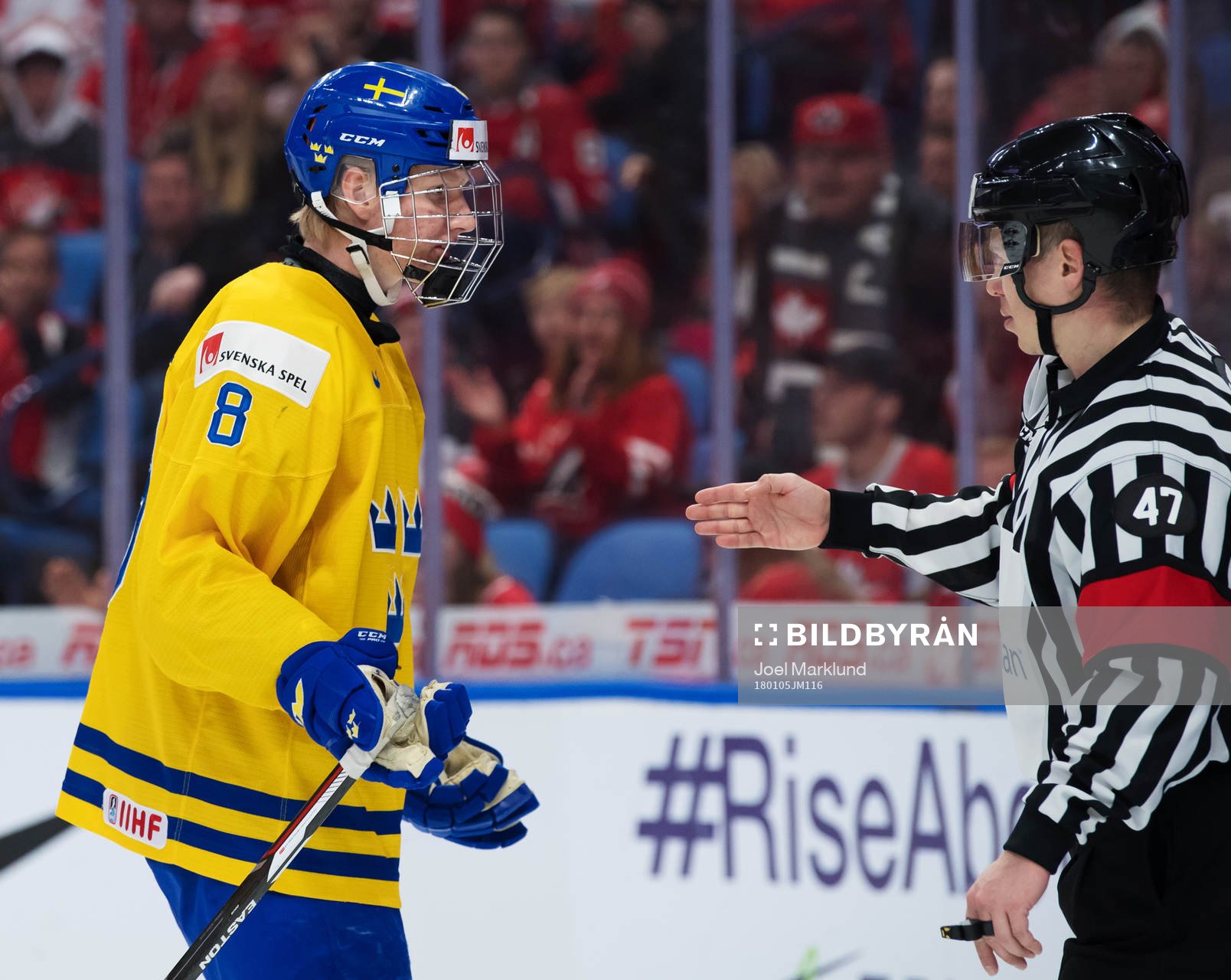 Sveriges Rasmus Dahlin i en diskussion med en av domarna